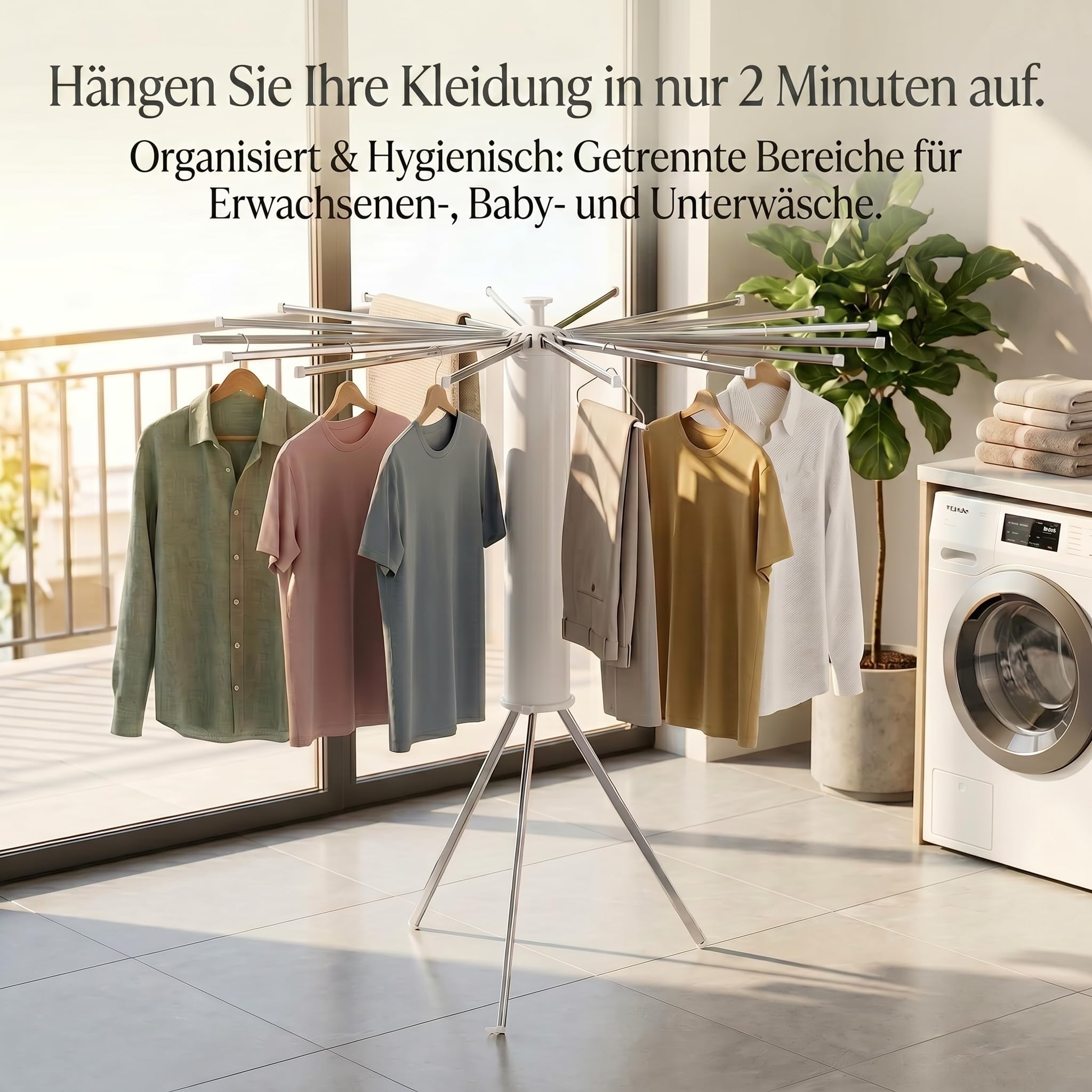 Wäscheständer Ausziehbar Platzsparend Klappbar - 360° Drehbarer Standtrockner für Balkon Badewanne Camping, 16 Armen Wäschespinne Hoch, Kleiner Kleiderständer Wäschetrockner