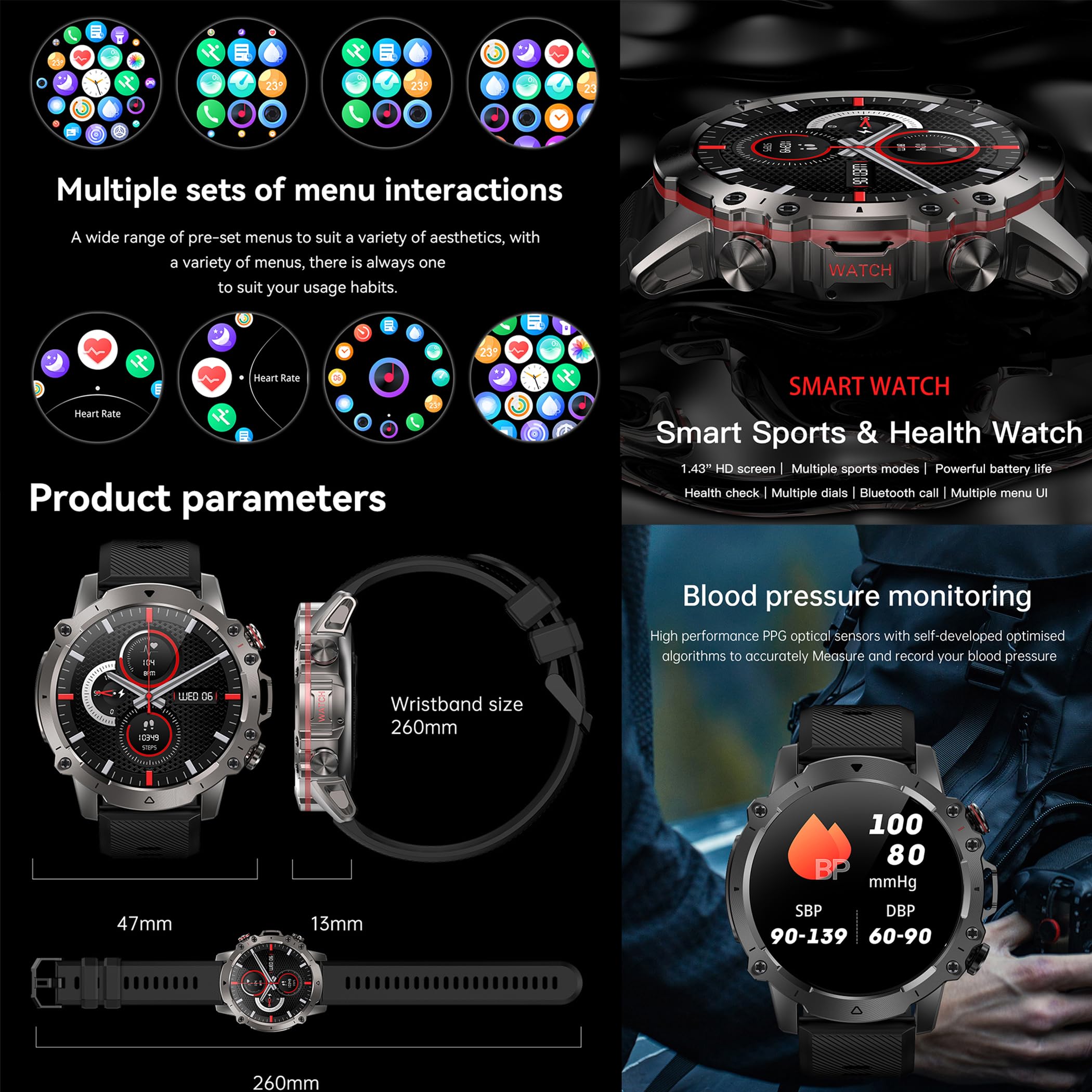 Reloj inteligente AMOLED de 1,43 pulgadas para hombre con función de teléfono, 5 ATM, rastreador de actividad con podómetro, 123 modos deportivos, monitor de sueño, presión arterial, reloj de