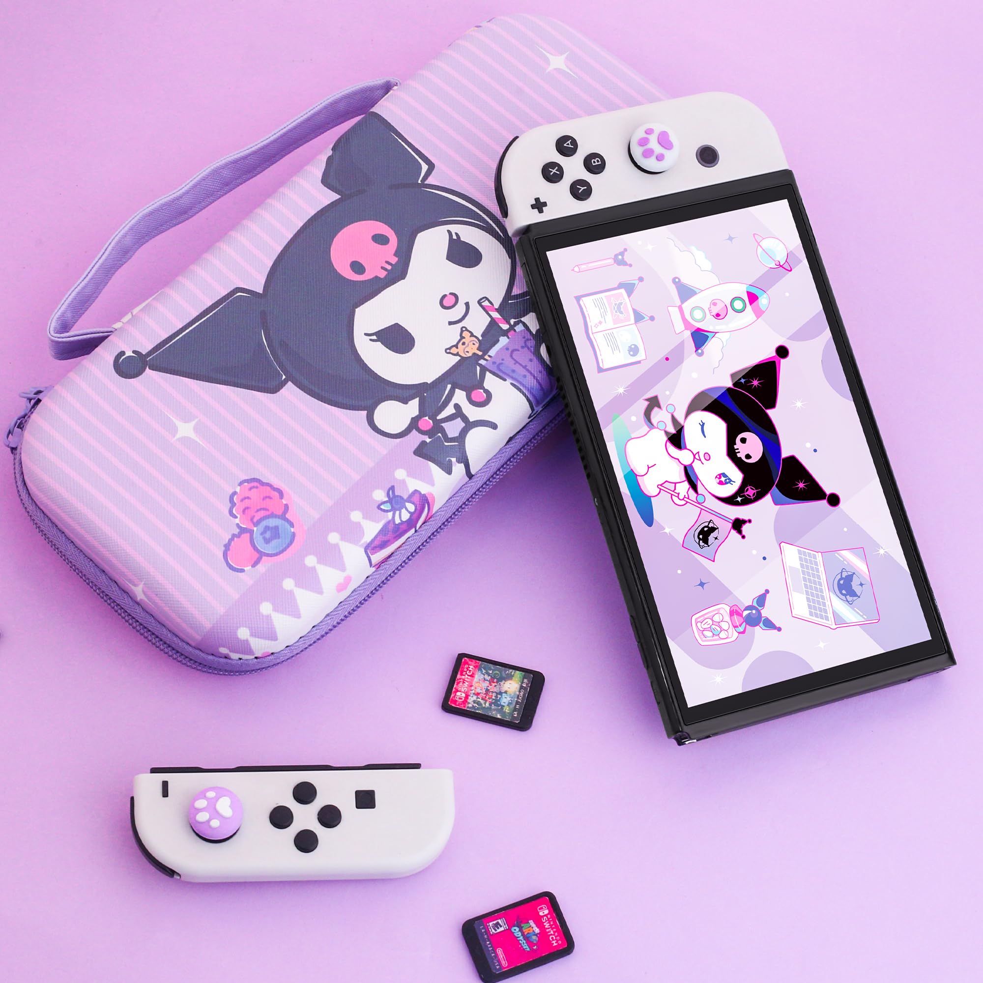 HYPERCASE Fioletowa torba podróżna z przełącznikiem NS/OLED, urocza twarda obudowa na konsolę NS/OLED, uchwyt Joycon, przechowywanie akcesoriów, z 10 przegródkami na karty i 2 nasadkami na kciuki -