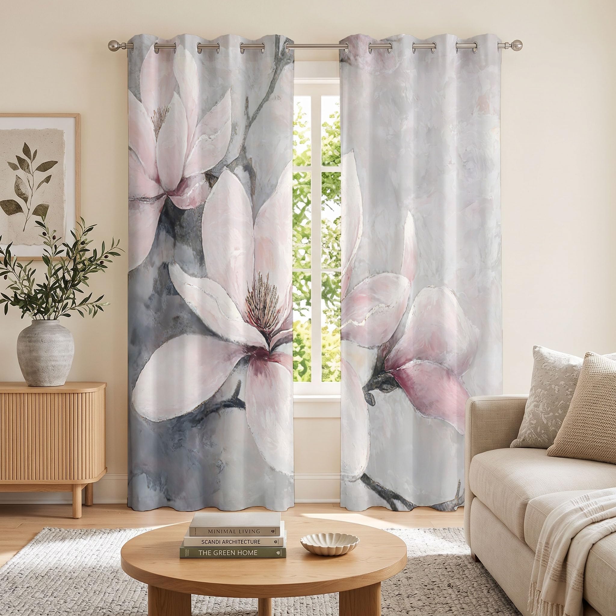 Magnolienblütenzweige Vorhänge, Retro Elegant Vorhang Blickdicht Thermo Verdunkelungsvorhänge Mit Ösen - Hellrosa Gardinen Wohnzimmer Schlafzimmer Fenster - H214 x B91.5 cm (2er Pack)