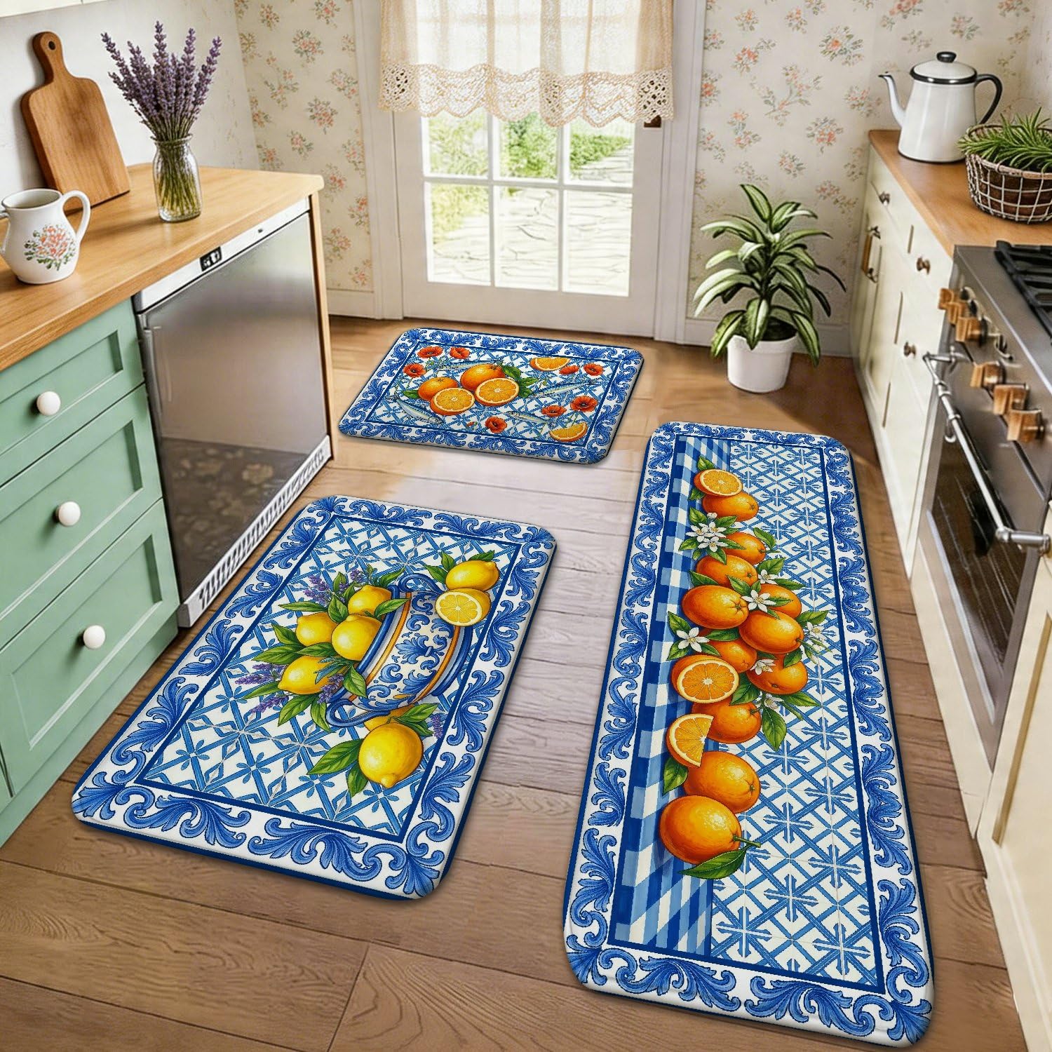 Tapis de cuisine floral vintage en lot de 3 tapis doux bleu