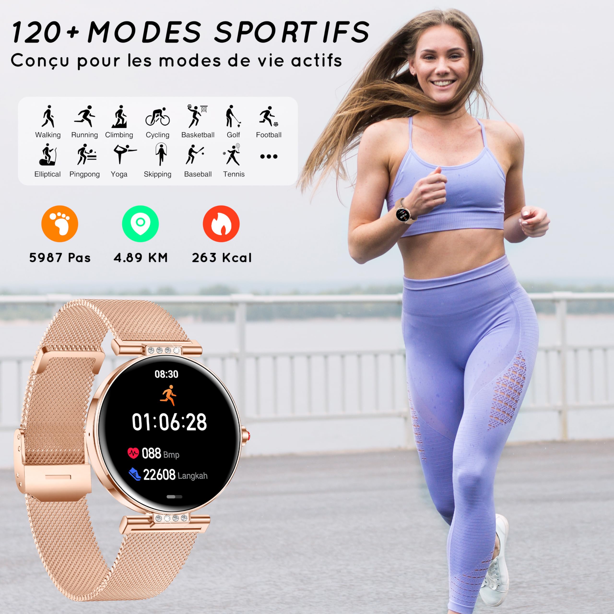 Montre Connectée Femme 1,19" AMOLED 3 Bracele Petit Poignet Appel Bluetooth | Smartwatch Fitness Podomètre ave Fréquence/SpO2/Sommeil Montre, 120+ Sport Modes Compatible Android iPhone, Or Rose