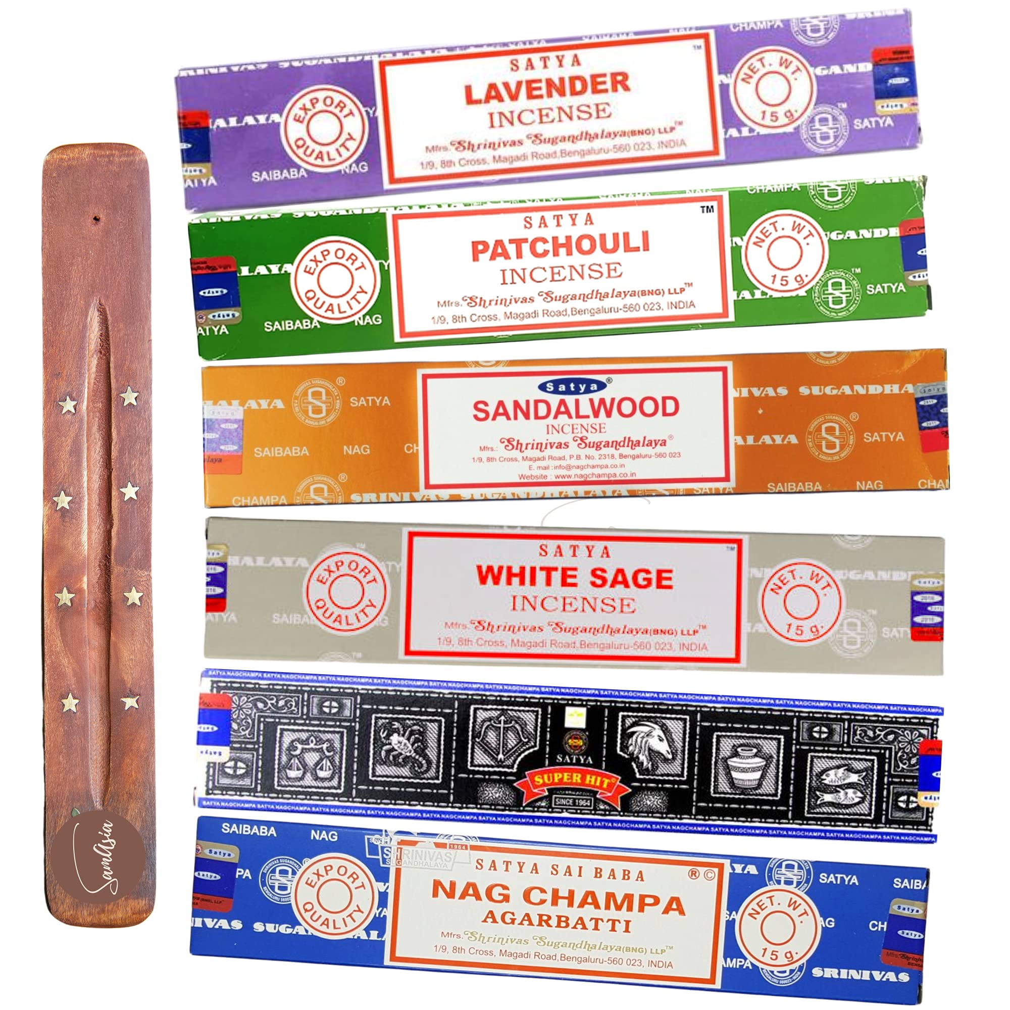 Samasia Lavender/White Satya Nag Champa Incense Sticks - 6 Unique And Premium Flavours - Patchouli, Sandalwood, Sage, Super Hit, Nag Champa Agarbatti And Comes With Incense Holder