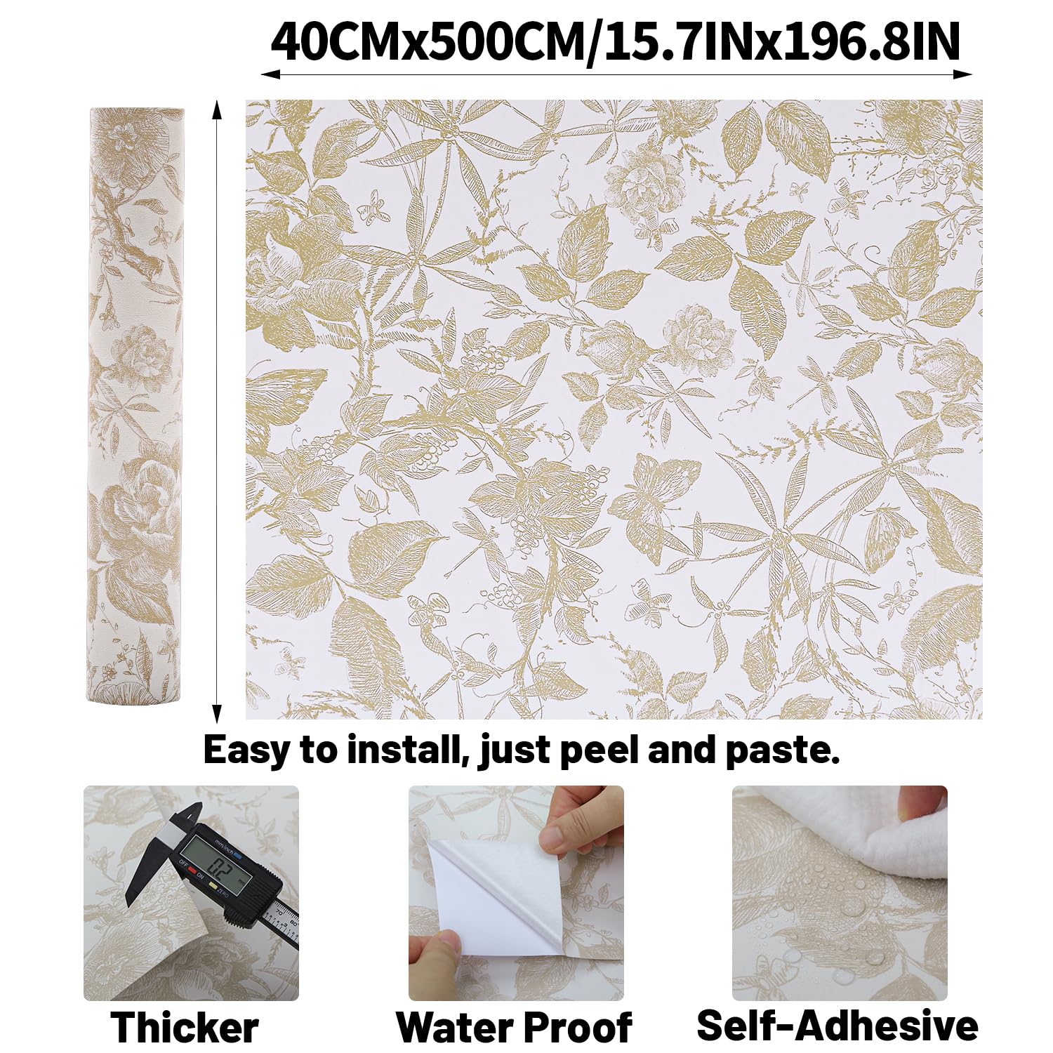 LOVADA Peel and Stick Wallpaper - 15.7x196.8in Rose Flowers, Champagne & White Vinyl, Modern Decor, 39.9 x 499.9 cm - Image 2