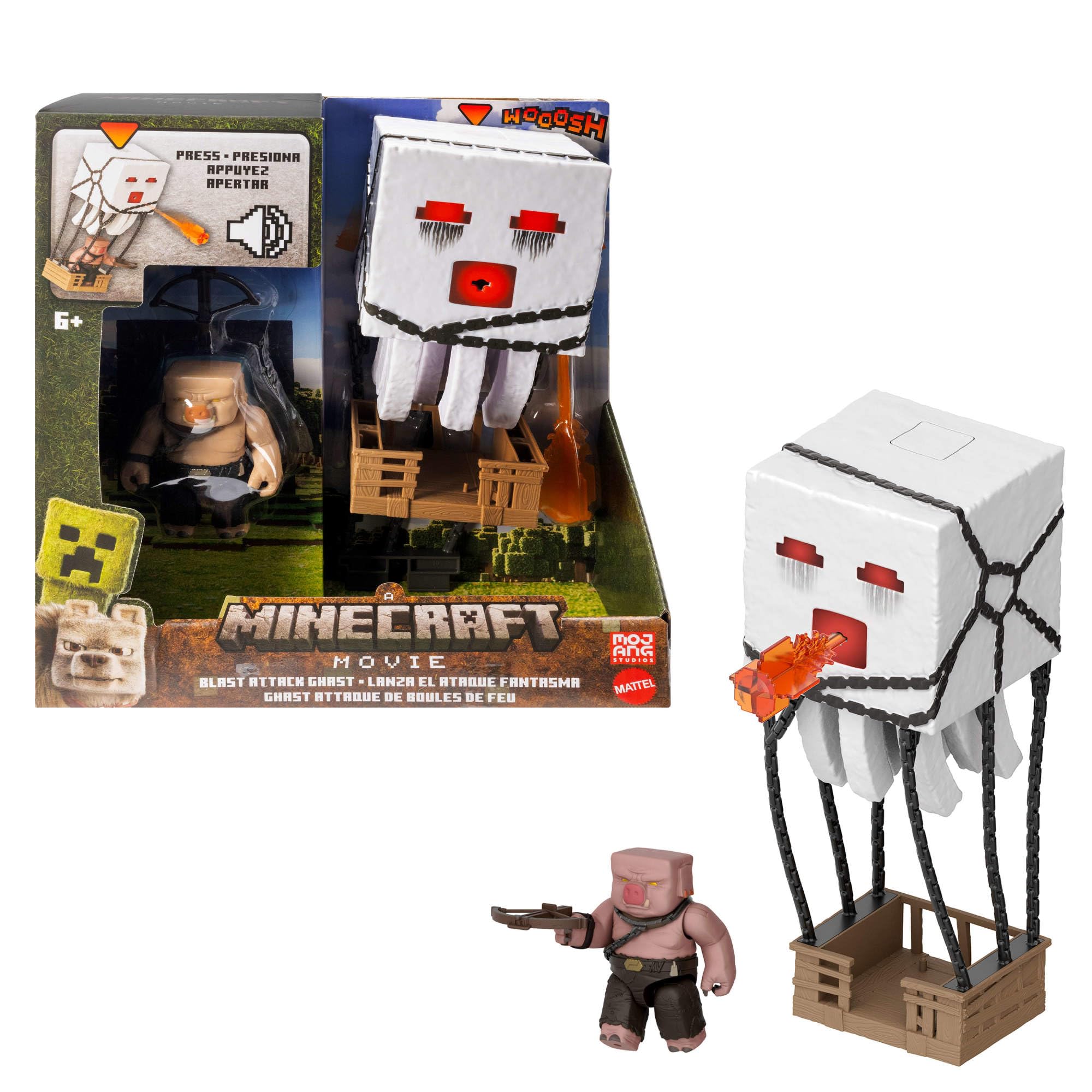 Mattel Minecraft - Ghast Attacco Esplosivo, personaggio ispirato al film con luci, suoni, lanicatore e proiettile, Piglin Guerriero incluso, giocattolo per bambini, 6+ anni, JFB69