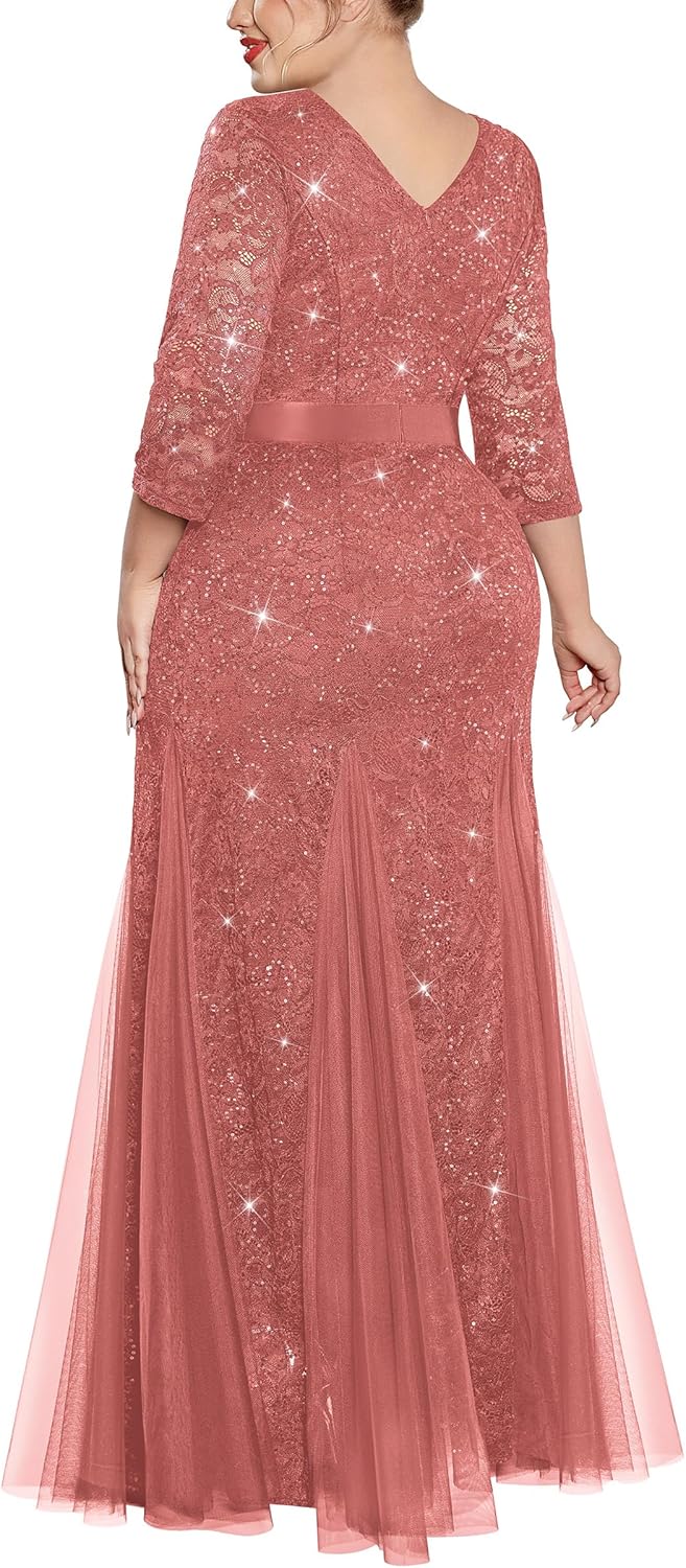 MISSMAY Women's Plus Size Double V-Neck Sequin Lace Tulle Mermaid Evening Wedding Formal Dress for Curvy Women - Image 2