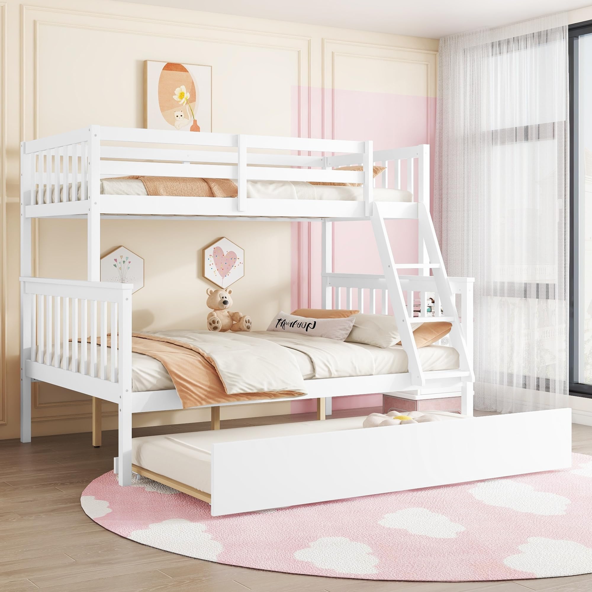 HommooBunk Bed with Trundle Twin Over Full Wood Bunk Bed with Twin Size Trundle Convertible Bunk Bed Frame with Ladder and Guardrail for Teens Adults Bedroom Dorm White