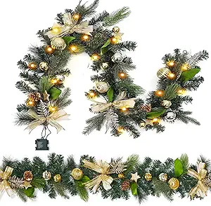 GarveeHome 6 FT Pre-lit Christmas Garland, Indoor Outdoor Artificial Xmas Garland with 20 LED Lights, Gold Christmas Decorations with Ribbon, Ball Ornaments, Pine Cones and Stars for Mantle, Stairs