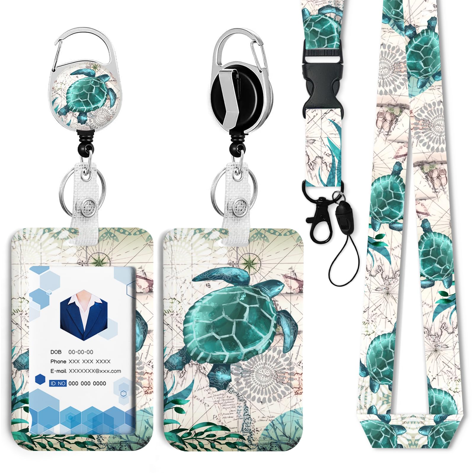 Sea Turtle Badge Holder with Retractable Reel and Breakaway Lanyard，Badge Clips Retractable Heavy Duty Badge Reel，Funny Keychain，ID Holder with