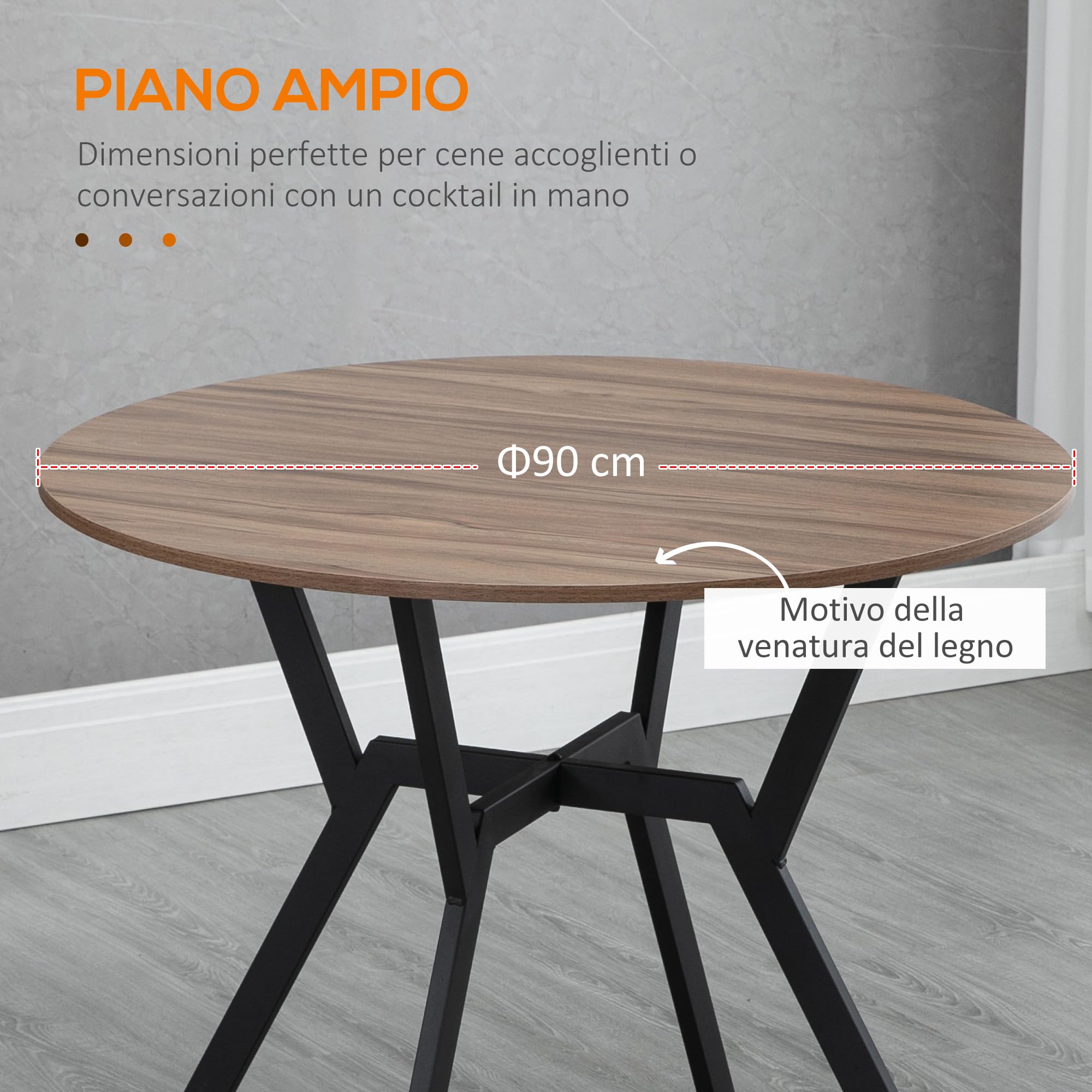 HOMCOM Tavolo Rotondo da Soggiorno per 2 Persone con Sostegno a X, Tavolo Moderno in Legno e Acciaio, Ø90x76 cm, Marrone