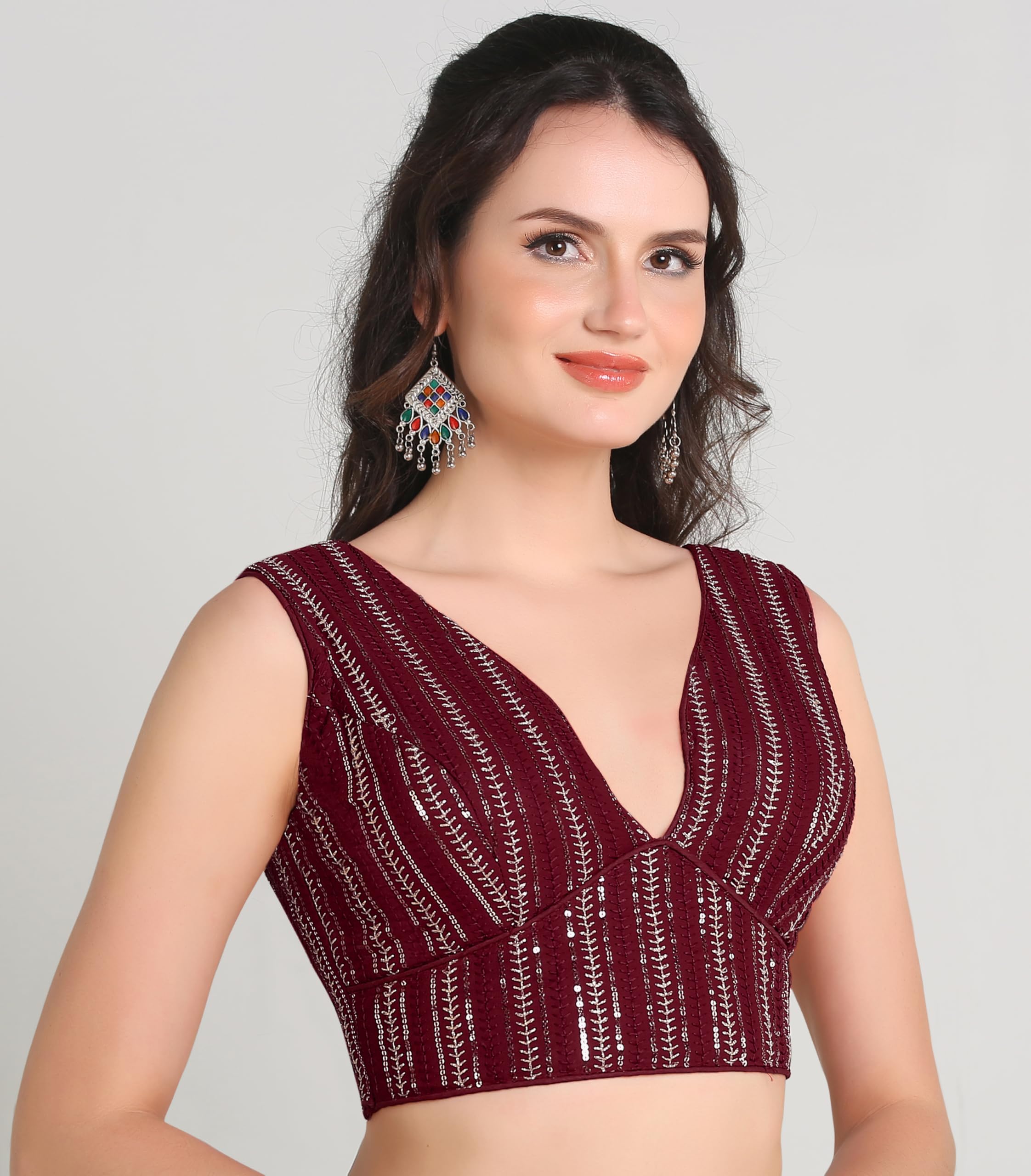 Pujia Mills Women's Indian Ethnic Wear Sabyasachi Sequence With Dhaga Embroidered Zari Work Sweetheart Neck Blouse Sleeveless Readymade Padded Saree Back Open String Pattern Blouse