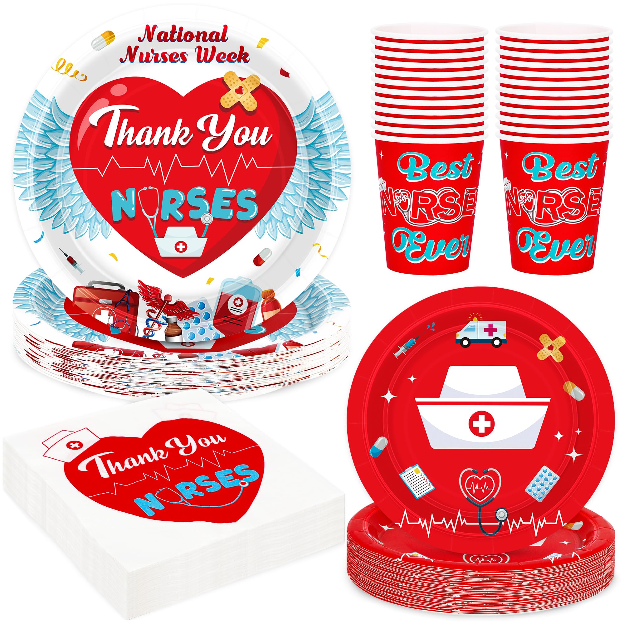 96 PCS Nurses Week Plates and Napkins Set, Serve 24 Guests 9" Dinner Plates 7" Dessert Plates 9 OZ Paper Cups Napkins, Disposable Paper Plates Thank You Nurses Dinnerware Tableware Party Supplies
