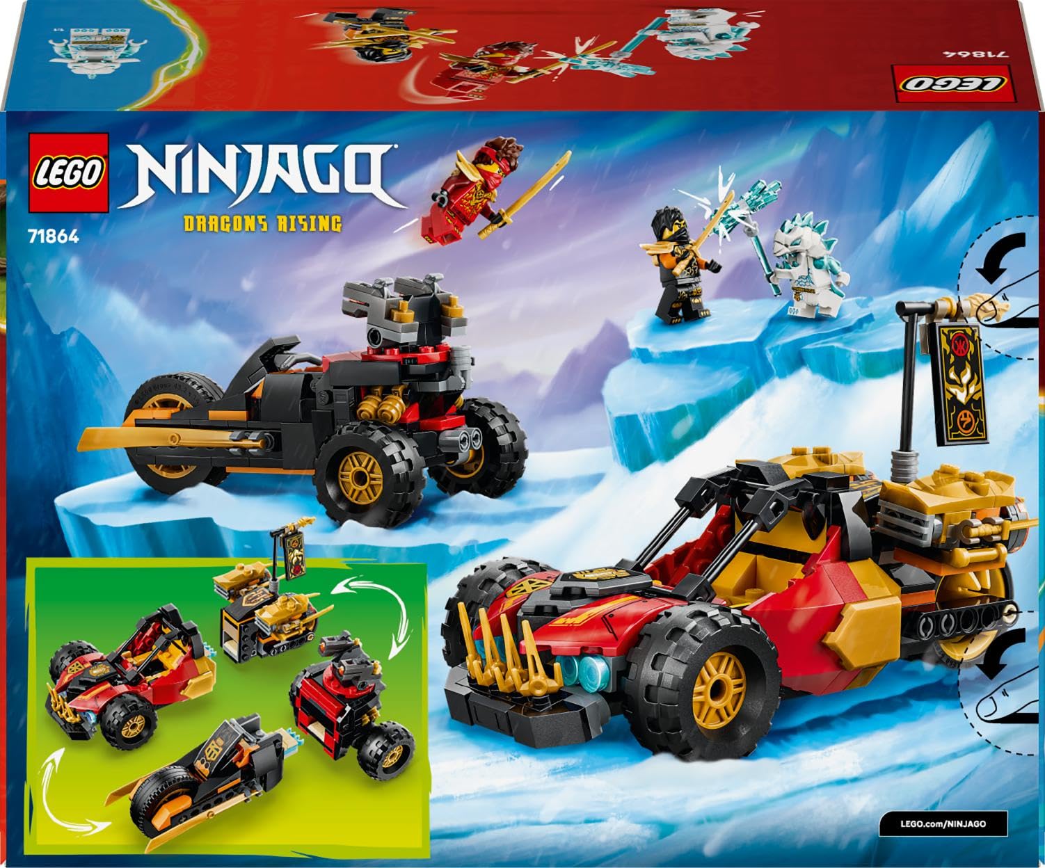 LEGO Ninjago Véhicules Combinables de Kai et Cole - Jouet Voiture de Ninja, Moto, 3 Minifigurines Dont Kai & Cole avec Katanas - Idée Cadeau pour Garçon 7 Ans ou Fan du Soulèvement des Dragons 71864