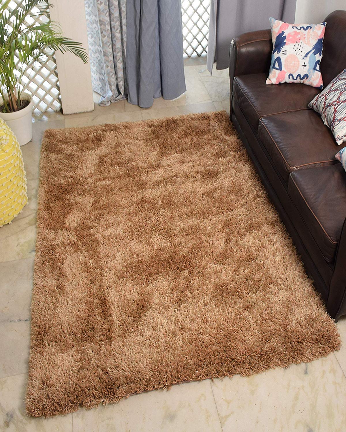 imsid Home anti-skid Modern Plain Shaggy Polyester Carpet for Living Room, Hall, Kitchen, Offices, Cabin (3x5 feet, gold)