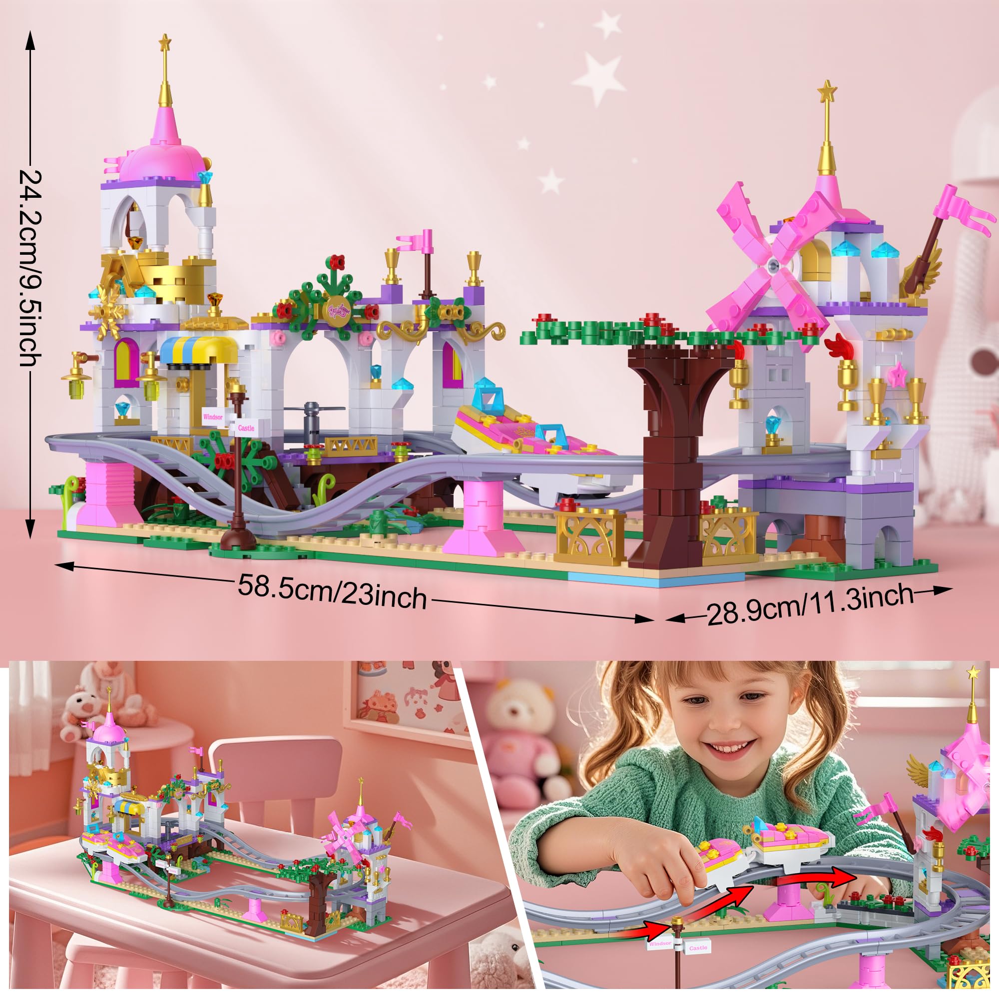 Prinzessin Castillo Montaña Rusa Set de Construcción, 749 PCS Rosa Parque de Atracciones Juguete Carnaval con Casa del Árbol Friends, Molinillo, Regalo para Niñas Chicas de 6+, Pascua, Navidad