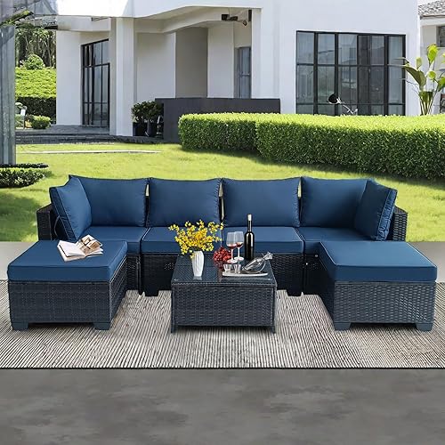 7 Piece Outdoor Wicker Rattan Patio Set Sofa for Garden, Backyard and Deck All Weather PE Wicker Conversation Set, Brown Rattan/Blue Cushions (7)
