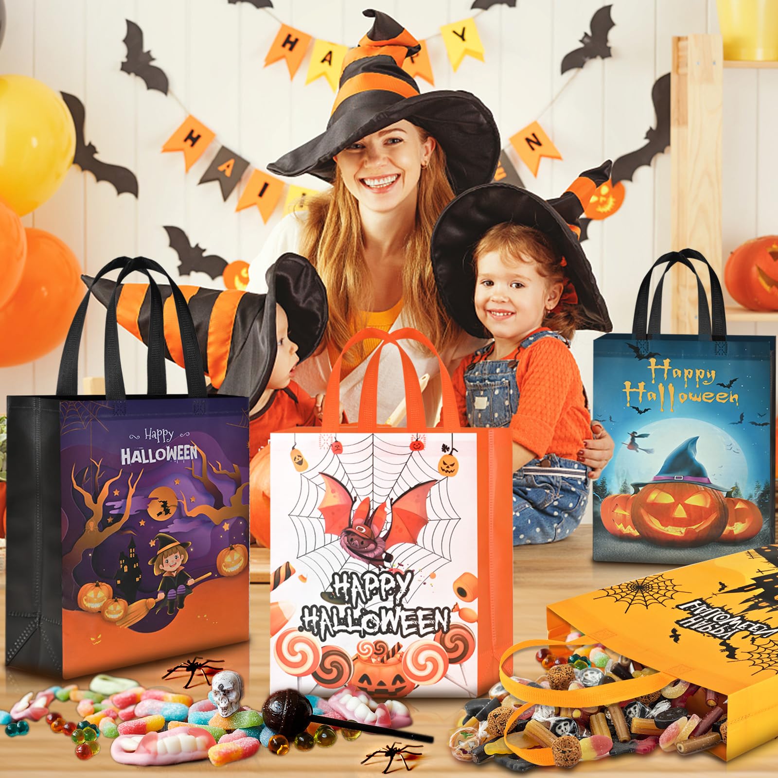 12 Pack Halloween Trick Or Treat Bags - Large Reusable Candy Totes