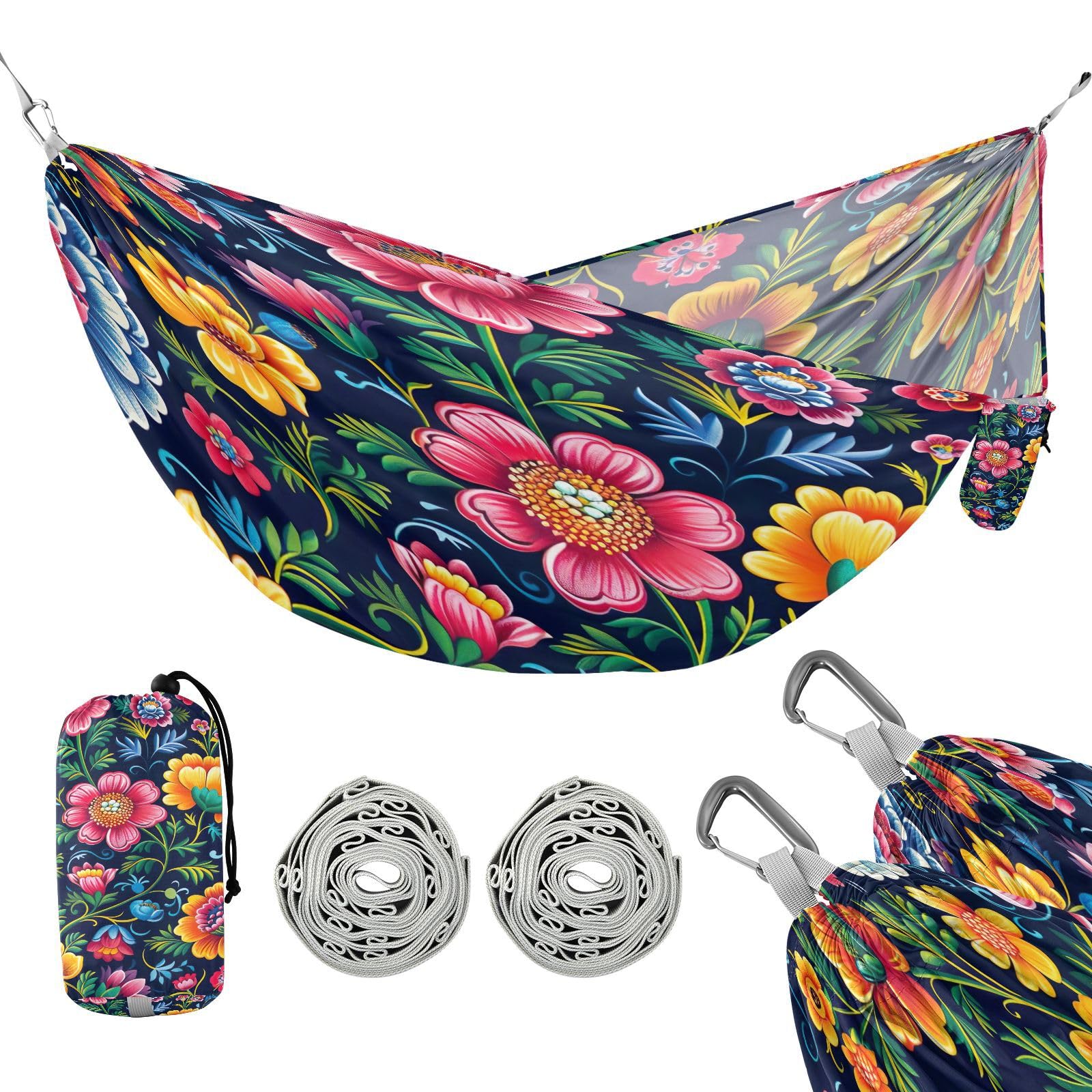 Kigai Colorful Flowers Camping Hammock Durable & Portable Travel Hammock Holds 330lbs with Tree Strapsm, Pocket, Camping Accessories