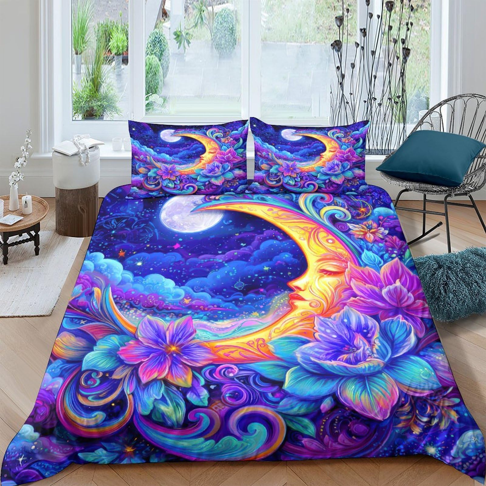 Ctjqhvkz Style-1 3D Printed Moon Flower Fitted Sheet Microfiber Purple Blue Night Sky Mattress Cover For Bedroom Guest Room Decor Single（135X200cm）