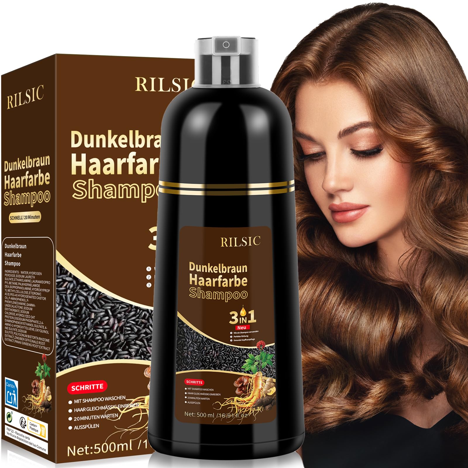 500ML Haarfärbeshampoo Schwarze,Farbshampoo für Graue Haare,Black Hair Dye Shampoo 3in1, Haarfarbe Shampoo Gegen Graue Haare, Anti Grau Effekt Instant Black Shampoo Für Männer Fraue
