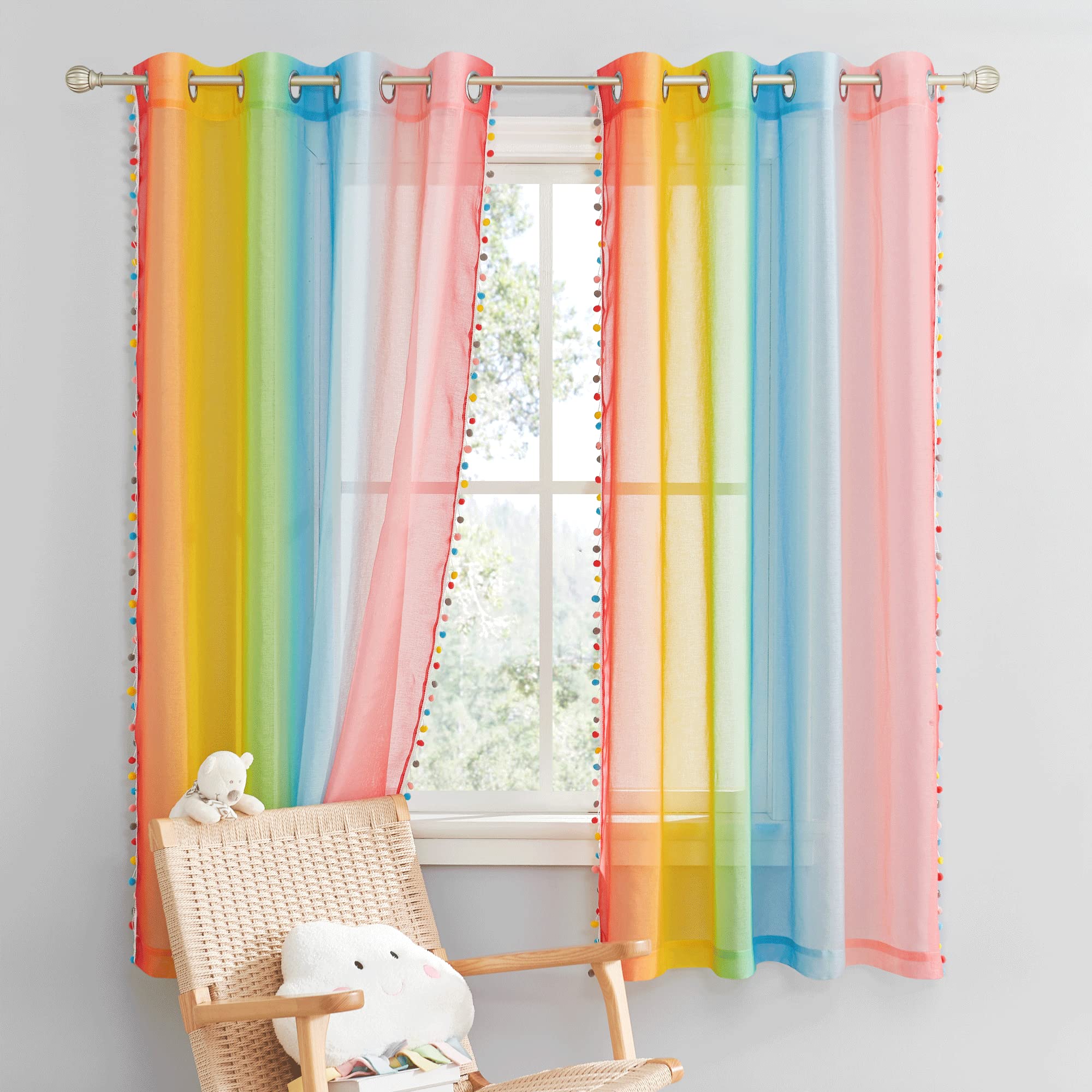 NICETOWN Farbverlauf Gardinen Kinderzimmer Ösenvorhang 2er Set H 160 x B 140 cm Regenbogen Leinenoptik Vorhang Transparent mit Bunten Pompons Dekoration