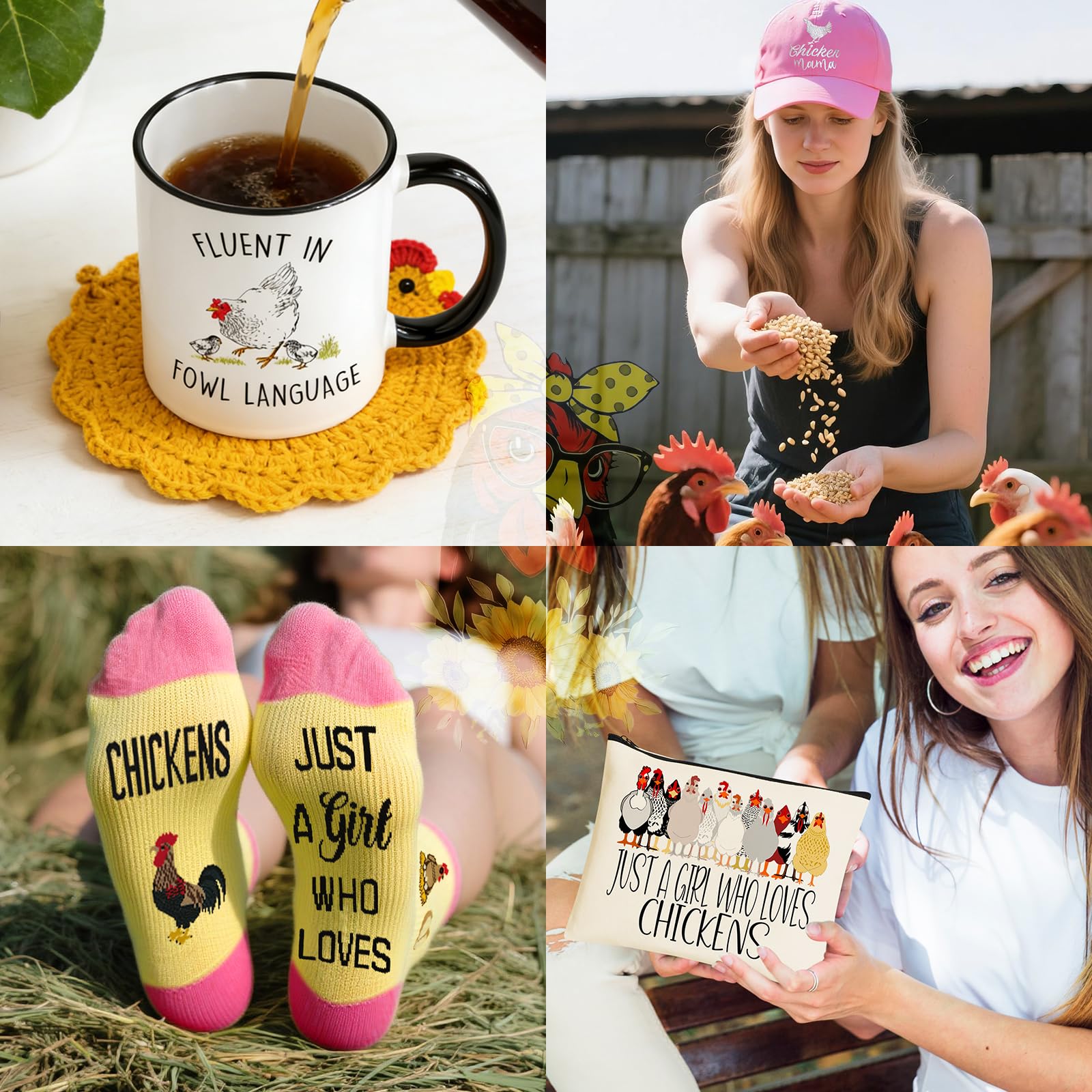 Chicken Gifts, Chicken Lover Gifts for Women, Funny Chicken Stuff with 11 Oz Coffee Mug Coaster Hat Socks Makeup Bag 2 Chicken Kitchen Towel Bracelet Keychain, Chicken Lady Birthday Chirstmas Gift