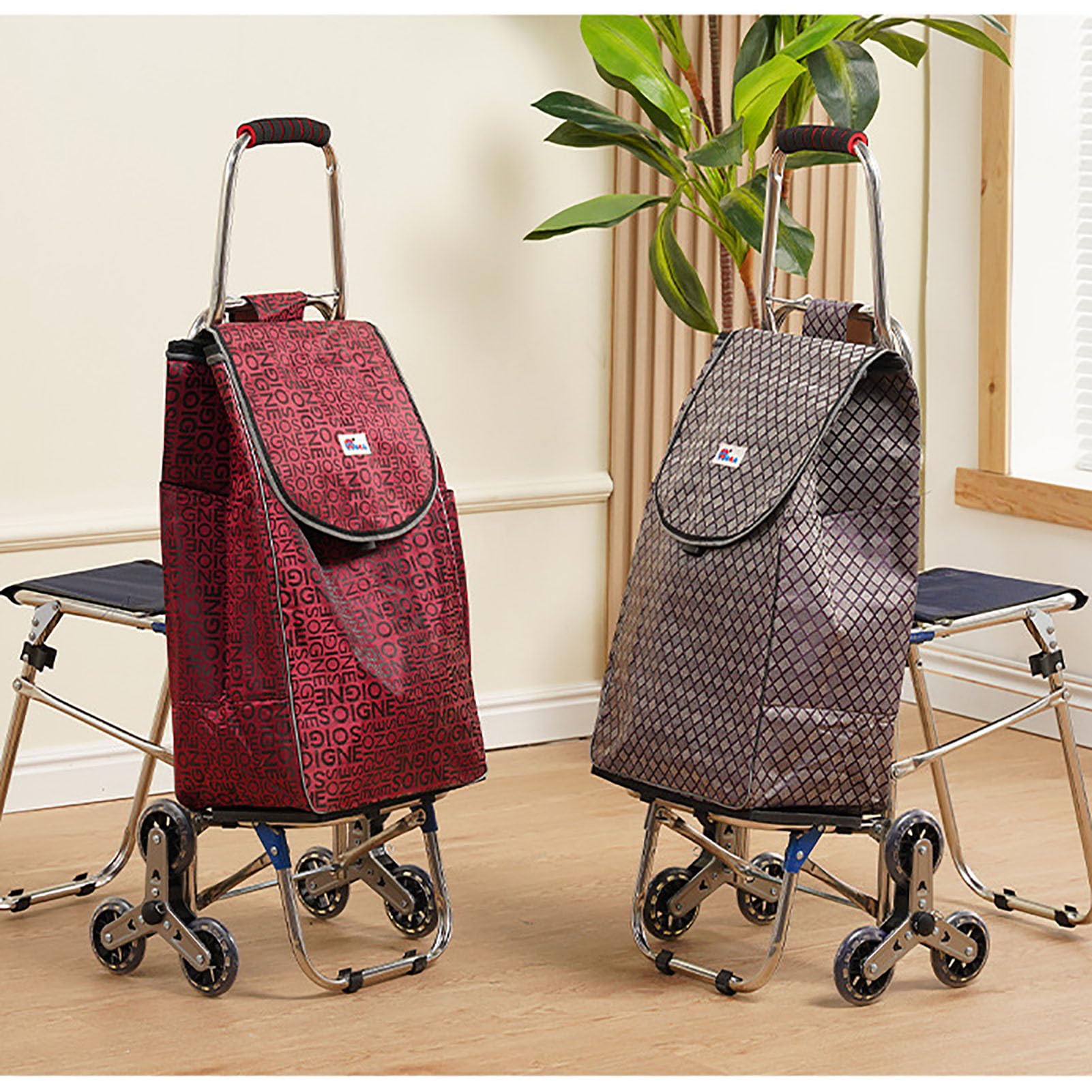 Carrello della Spesa Pieghevole con Sedile Integrato, 6 Ruote per Salire Le Scale, Borsa Portaoggetti Rimovibile, Carretto a Mano Portatile per Spese Quotidiane,Marrone
