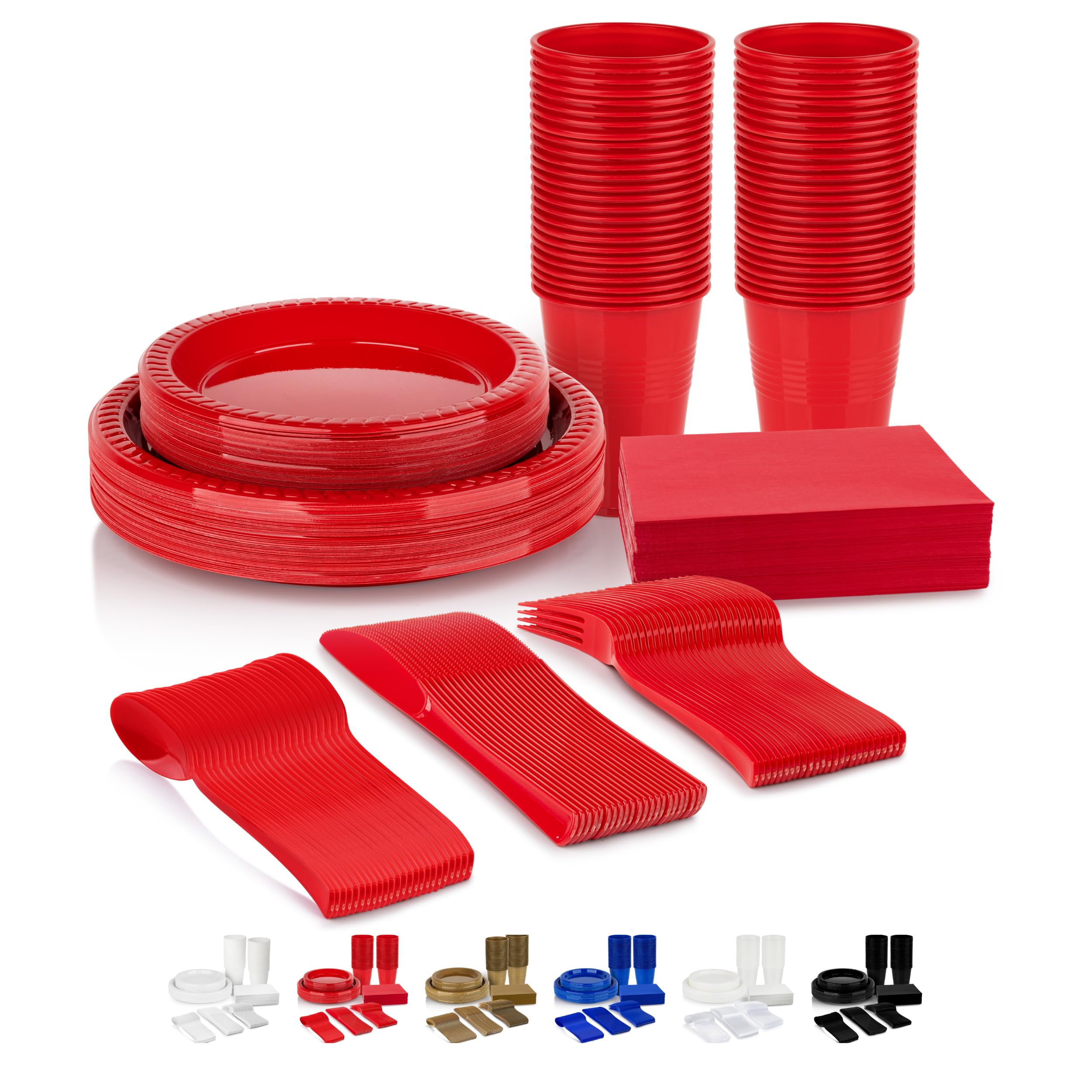 350 Piece RED Disposable Dinnerware Set 50 Guests, Plastic Party Plates And Cups And Napkins Sets - 50 Count 9" Dinner Plates, 7" Dessert Plates, 12oz Cups, Paper Napkins, Forks, Knives & Spoons