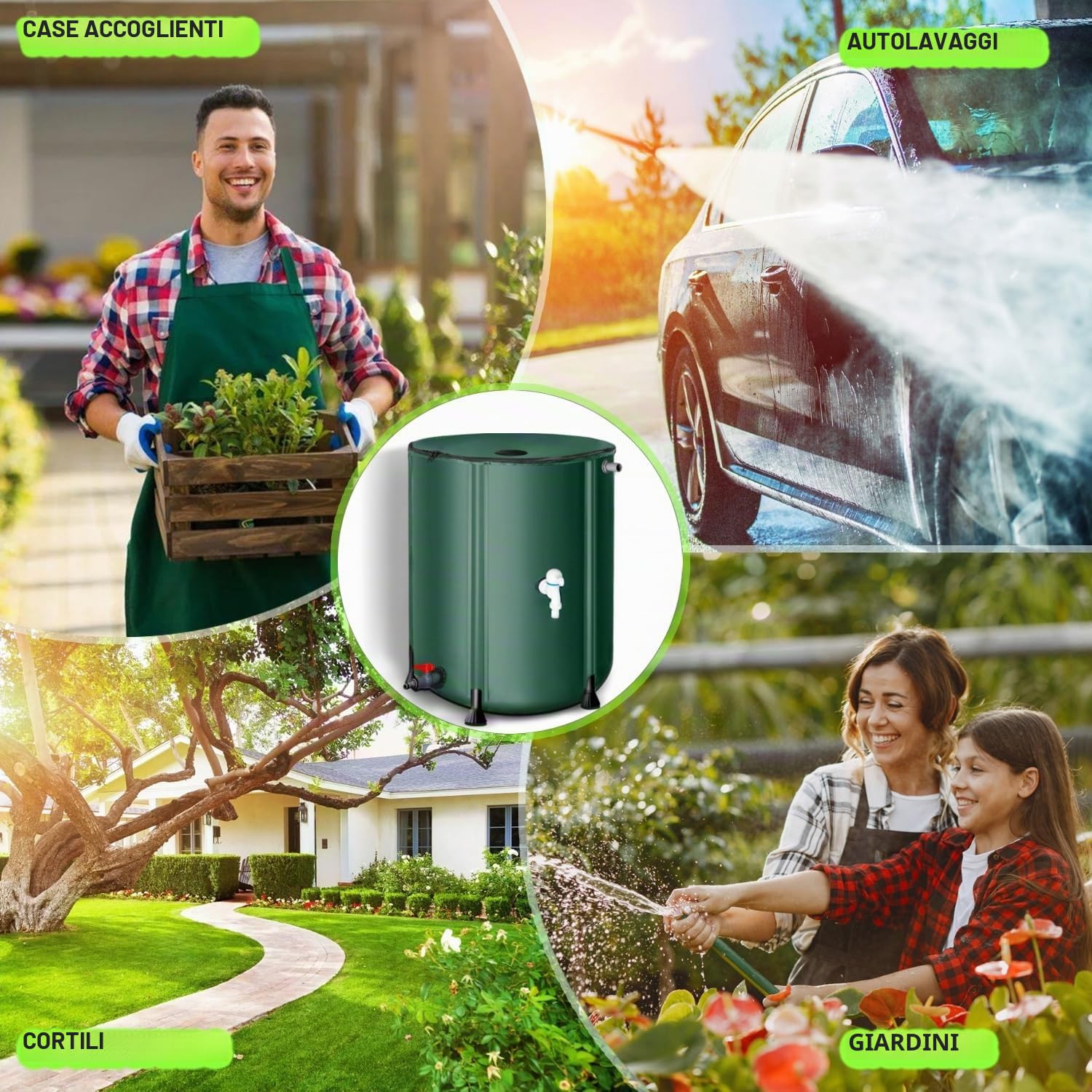 Serbatoio Acqua Piovana Pieghevole 500L 1000L Verde | Cisterna Raccolta con Rubinetto Superiore e Scarico Inferiore, Contenitore Portatile per Giardino, Irrigazione e Campeggio(264 gallons/1000 L)