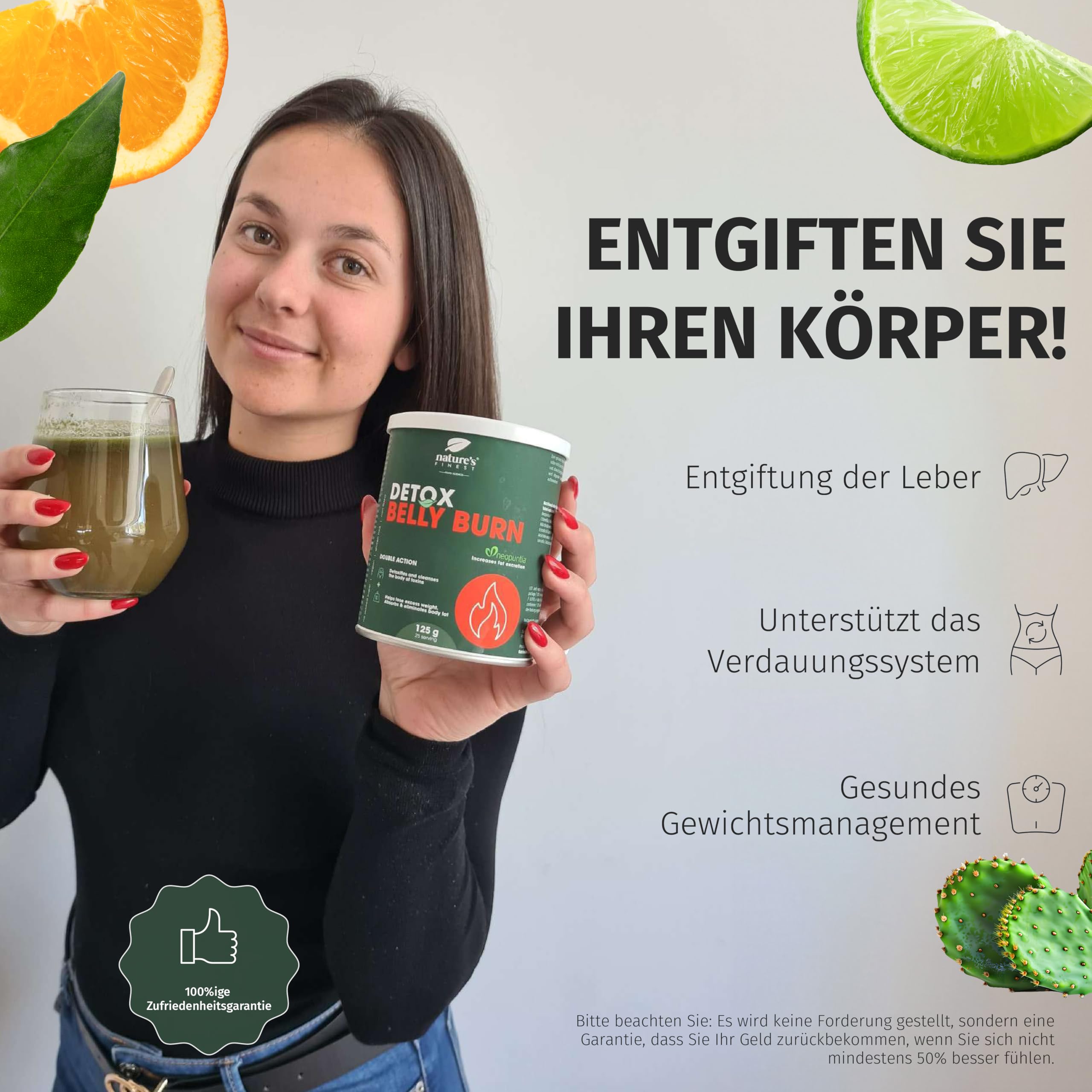 Nature's Finest Detox Belly Burn Drink, Trinkpulver 625 g (5er Pack) | Mit Neopuntia Feigenkaktus, Chlorella, Mariendistel & Artischocke - Orangengeschmack, vegan, glutenfrei