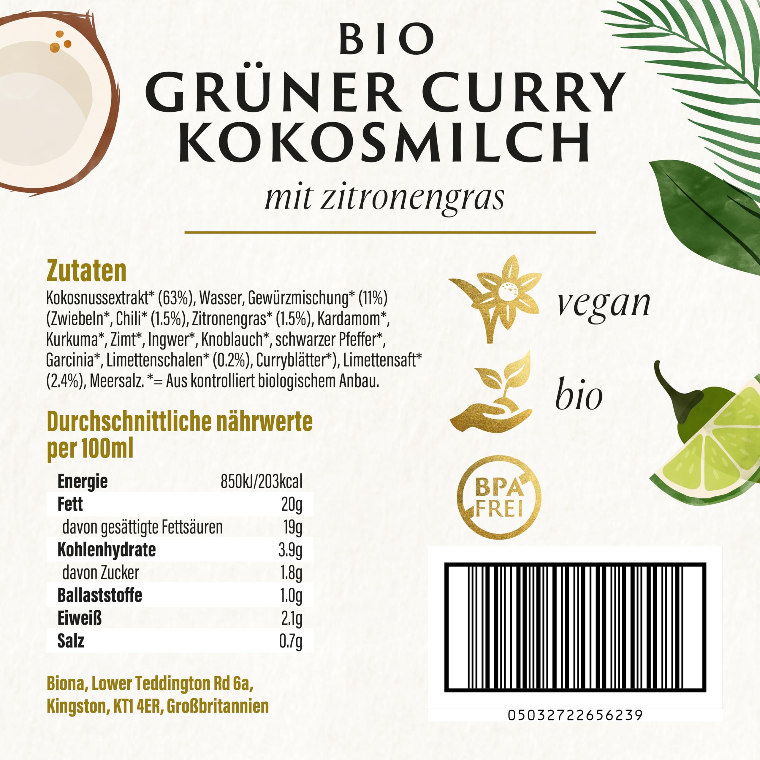 Biona Lait de coco bio curry vert - Lot de 6