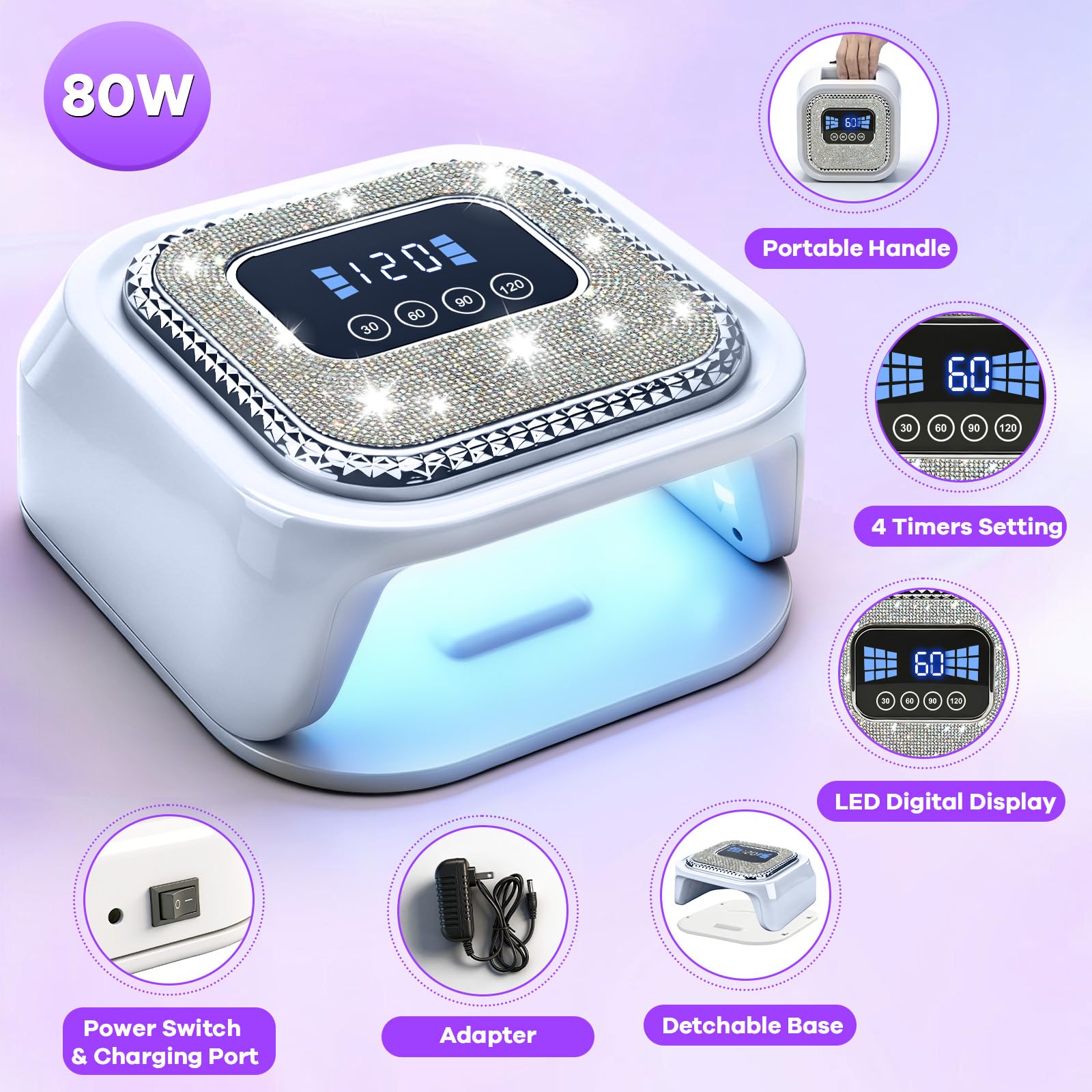 Lámpara LED UV de 80 W, secador de uñas de gel profesional con diamantes de imitación, 4 temporizadores, sensor automático, 36 cuentas LED, luz UV de curado rápido para todos los esmaltes de gel