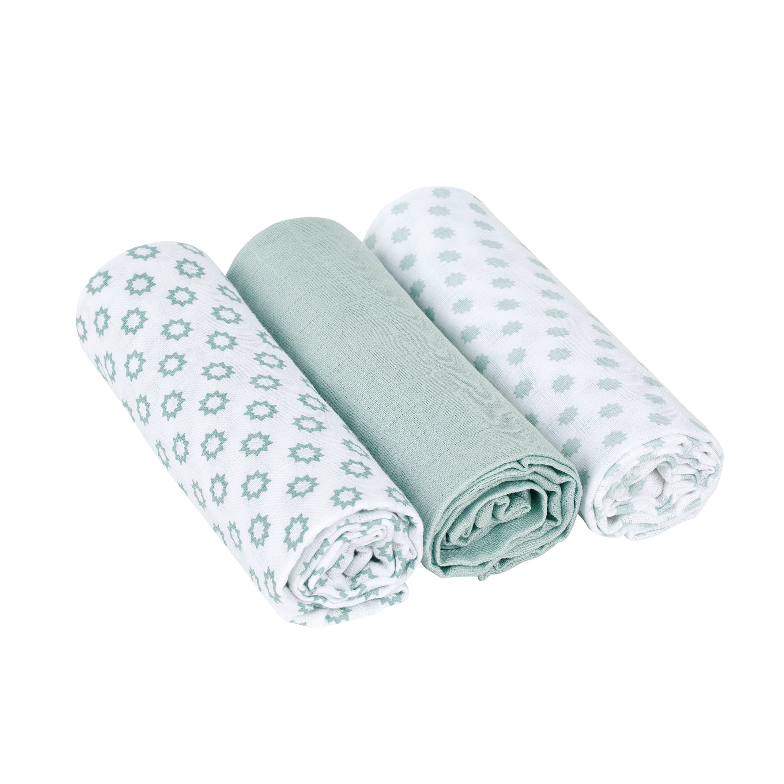 LÄSSIG Kocyk niemowlęcy z muśliny, miękki, przytulny, bawełniany, wstępnie wyprany/Swaddle & Burp Blanket Little Chums, zielony, miętowy, 85 x 85 cm (3 sztuki)