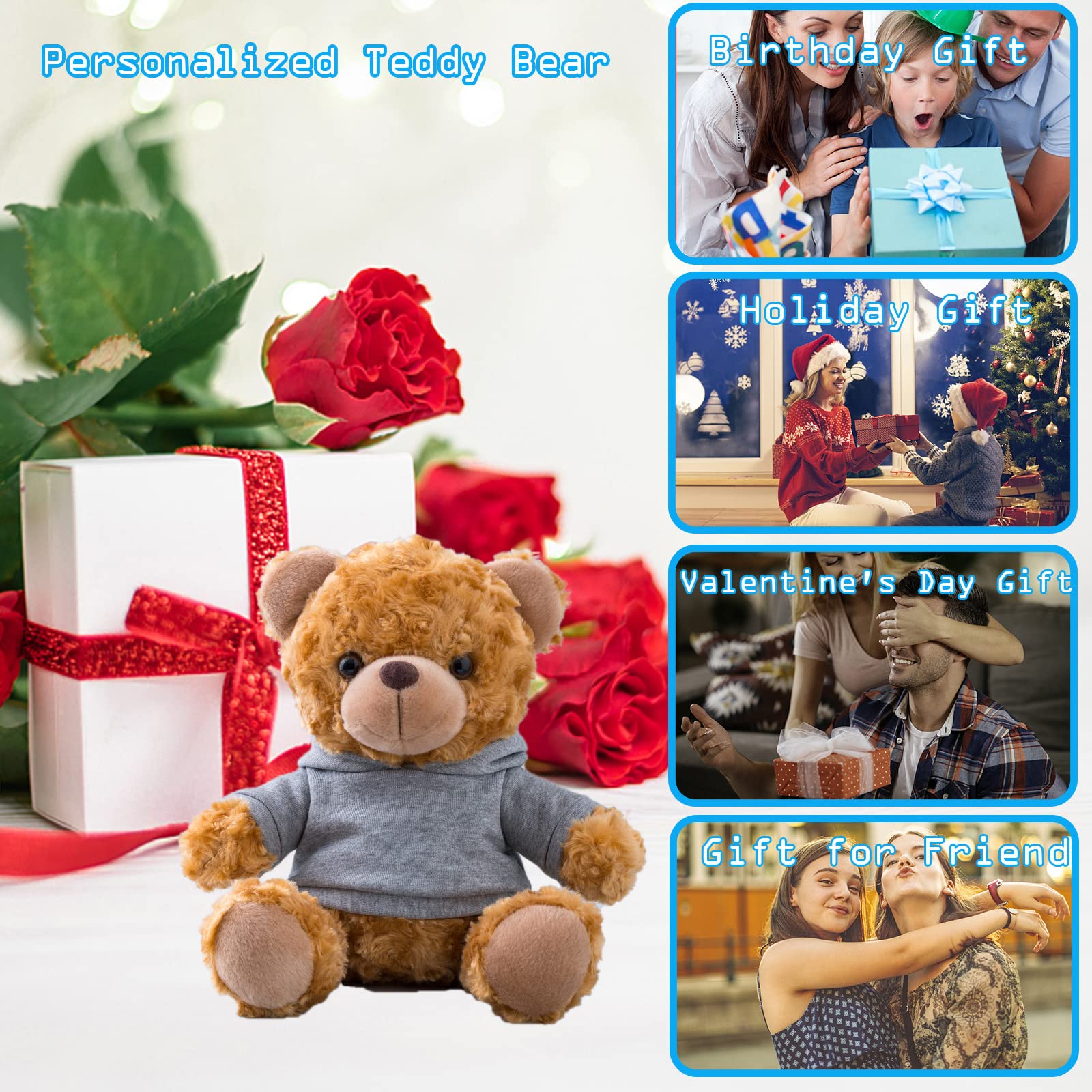 Personalized Teddy Bear With Custom Text & Photo - 8inch Plush Hoodie Bear, Unique Gift For Family & Friends