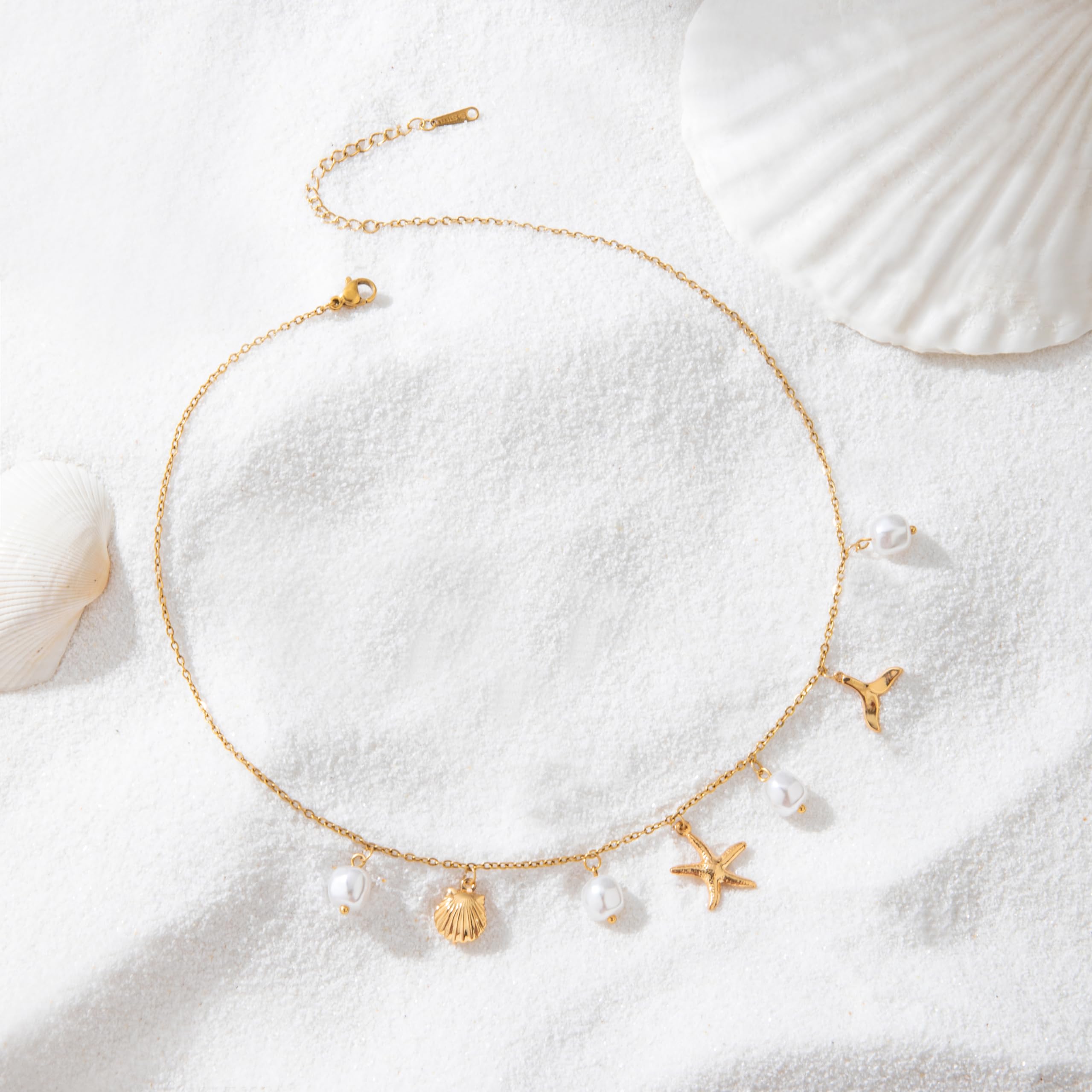 Collar con dijes para mujer, perla, estrella de mar, concha, oro de 14 quilates, regalo de joyería para surfista de playa de verano, mediano, latón,