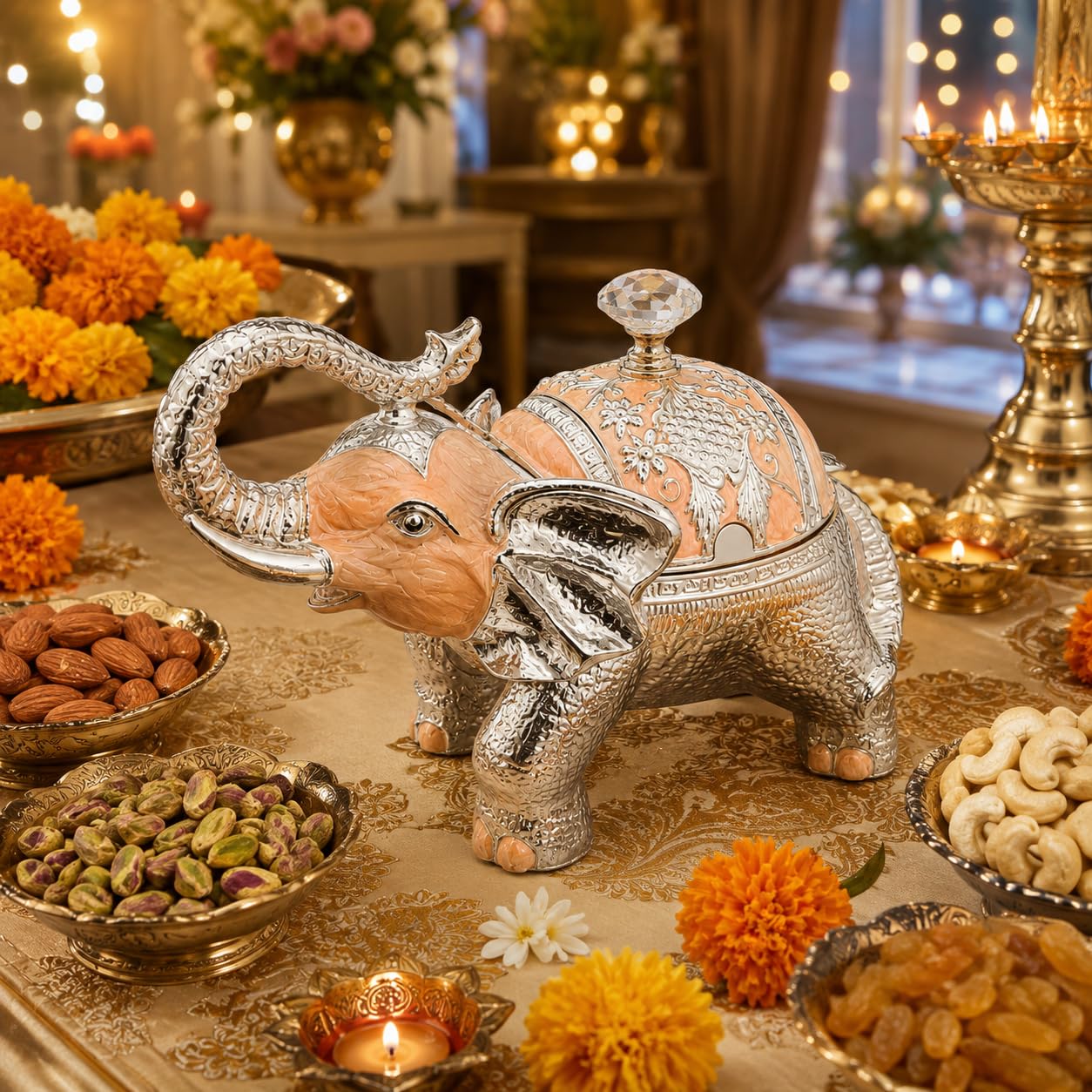Elephant German Silver Dry Fruit Box | Enamel Container | Hinged Lid with Spoon | 100 g (Peach)-picture-30