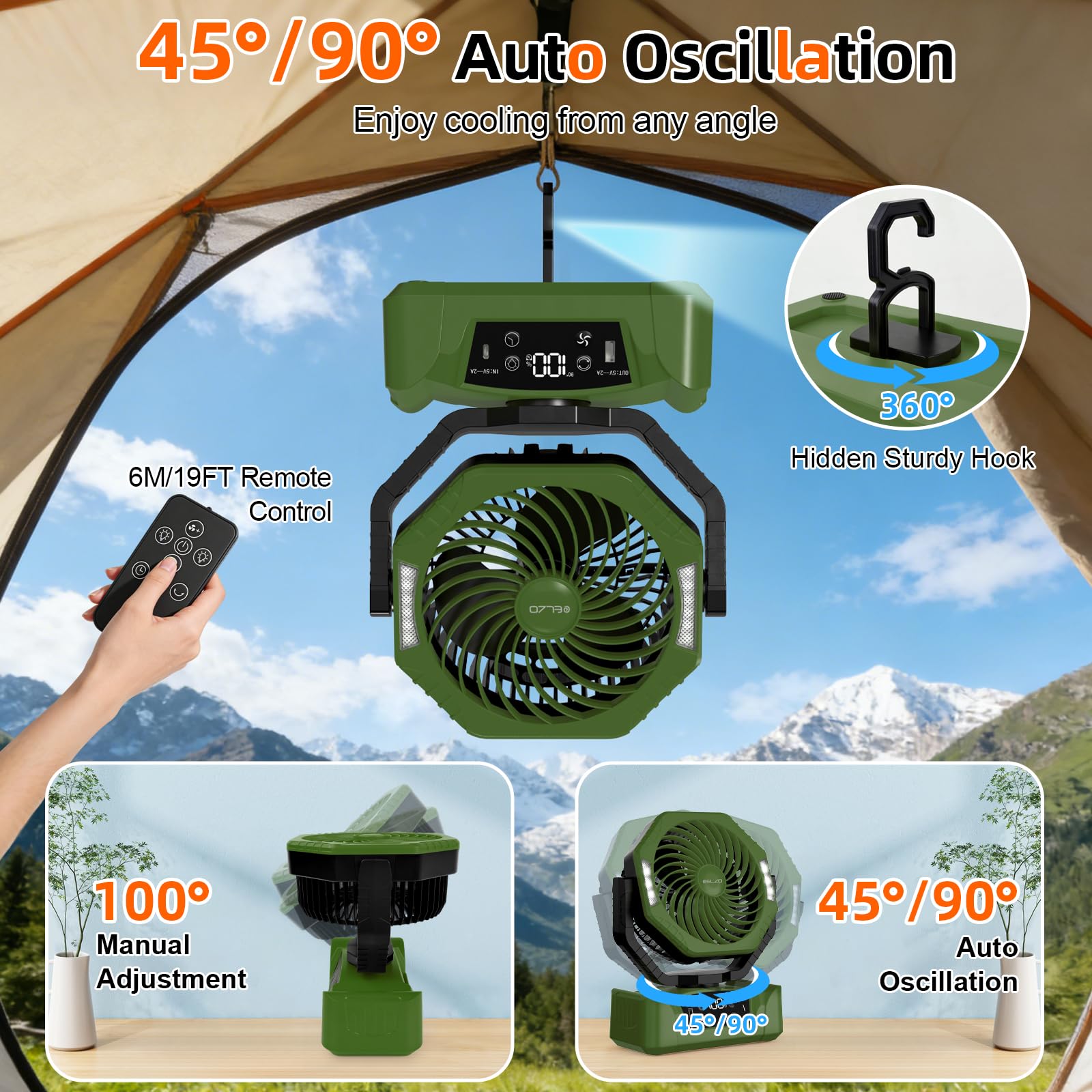 ELZO 20000mAh Camping Fan with LED Light, Portable Rechargeable Desk Tent USB Fan with Remote & Hook, Head Rotation - Image 5