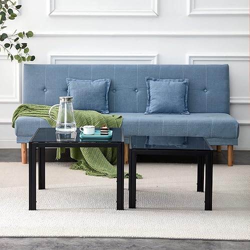 Miniatura 3 de ClassHouze Juego de 2 mesas de centro para sala de estar mesa de centro de cristal moderna mesa de centro cuadrada con base de metal resistente mesa