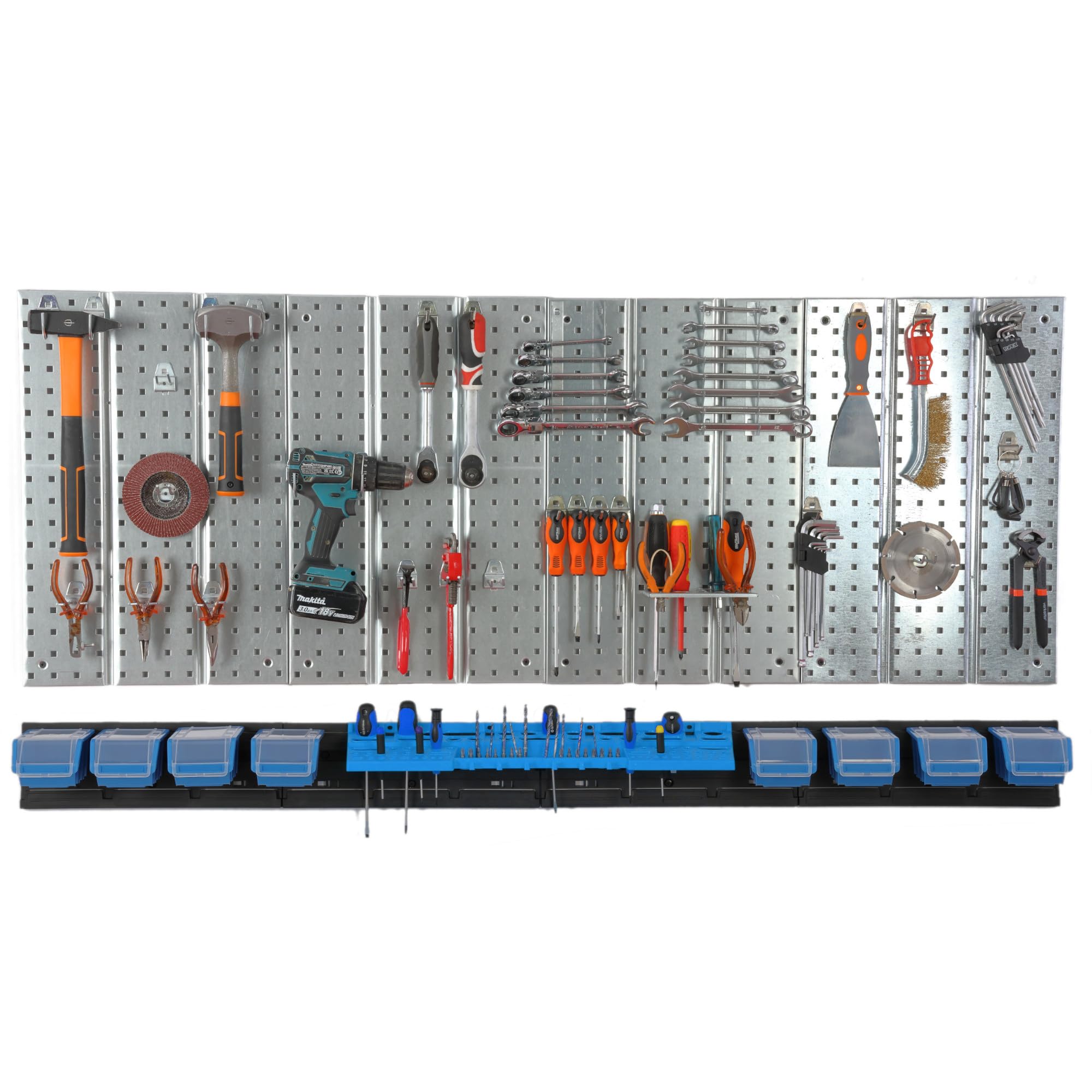 botle Panel de herramientas de metal 156 x 72 cm, sistema de almacenamiento con portaherramientas, ganchos para herramientas y 8 cajas apilables de 100 x 150 x 70 mm, color: azul, tabla perforada para