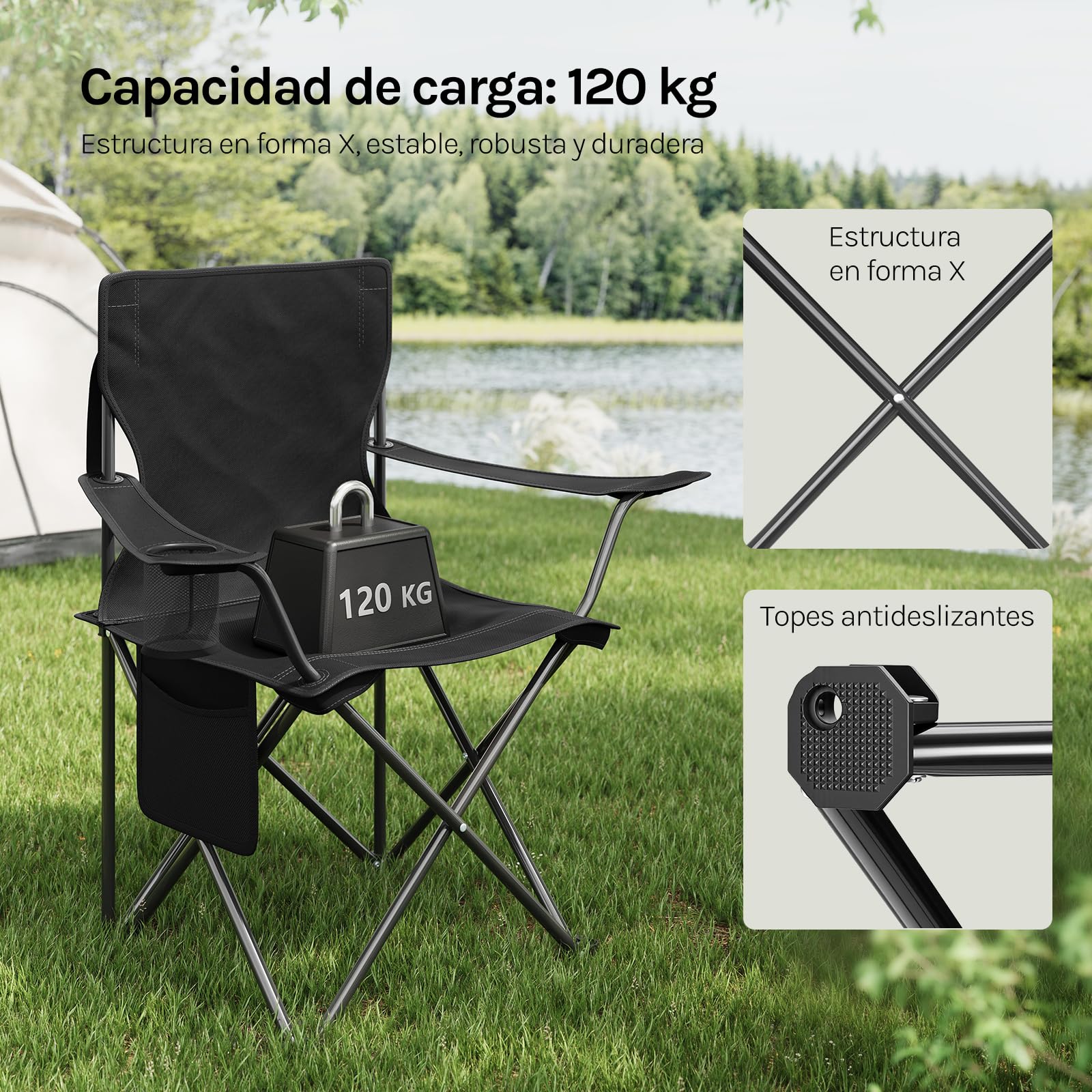 WOLTU 2X Sillas Camping Plegables con Respaldo, Sillas Pesca con Bolsillo Lateral y Portavasos, Tela Oxford, para Playa, Picnic y Terraza, Capacidad de Carga 120 kg,Negro