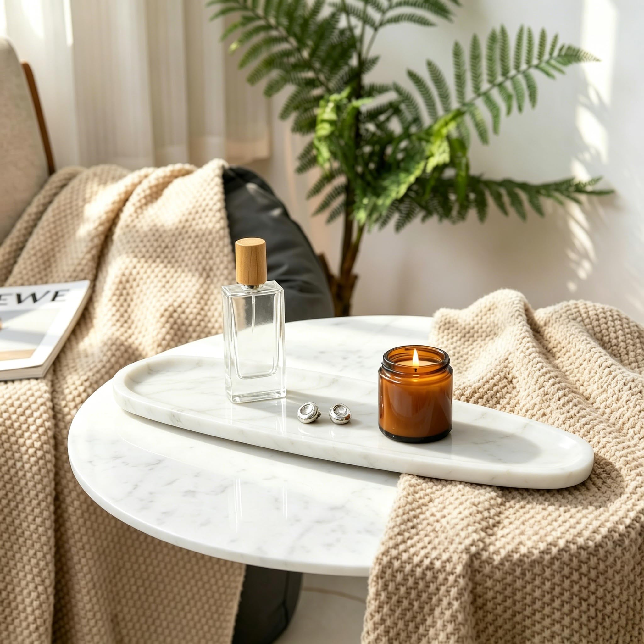 Plateau en marbre 100 % naturel – Organiseur de salle de bain, coiffeuse, placard | Plat à bijoux compact, présentoir de parfum, cadeau pour les petits espaces | Solution de rangement robuste