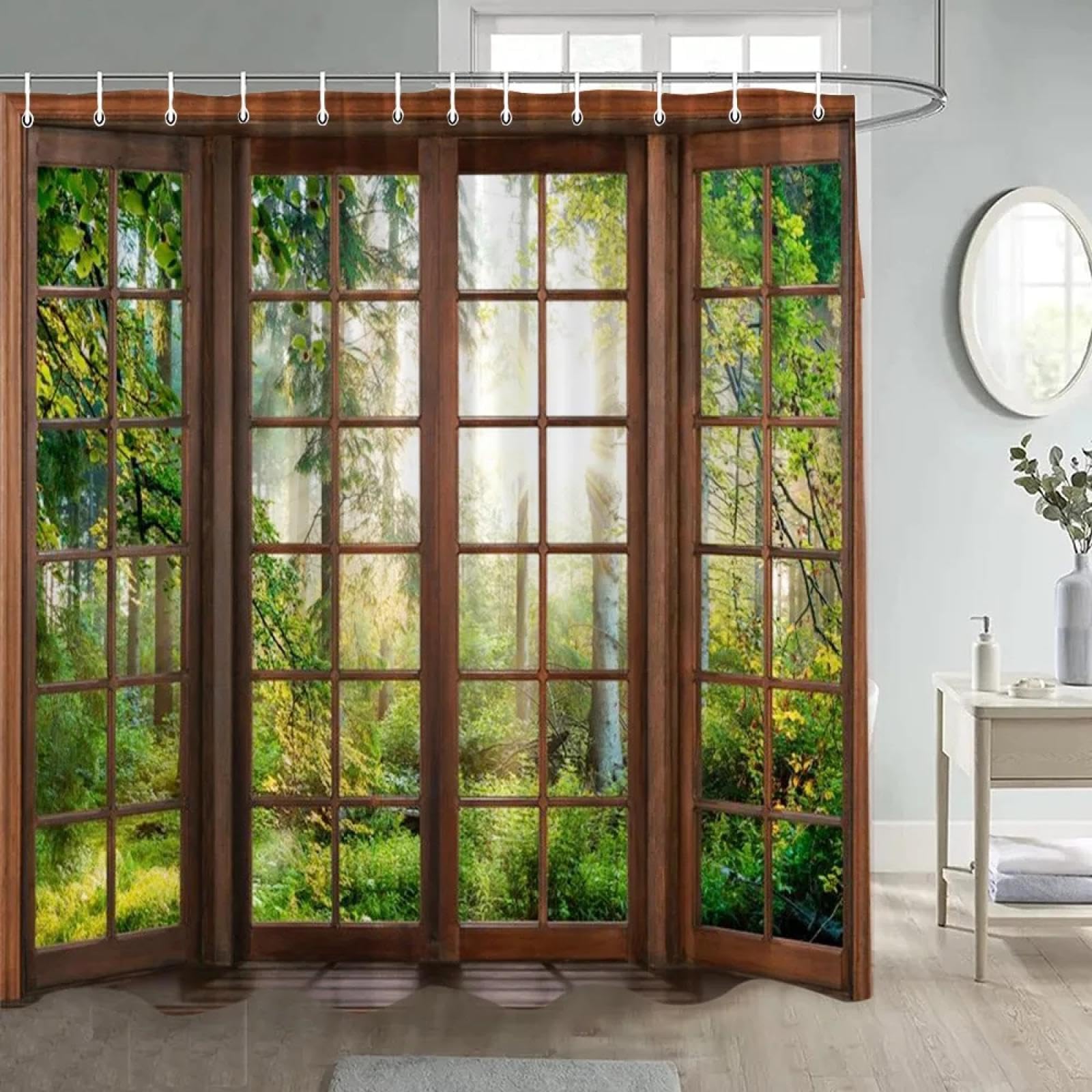 Waldduschvorhänge, grüne Bäume, Pflanzen, braune Fenster, Naturlandschaft, Polyester, Badezimmervorhang-Set, Dekor mit Haken, 200 x 180 cm