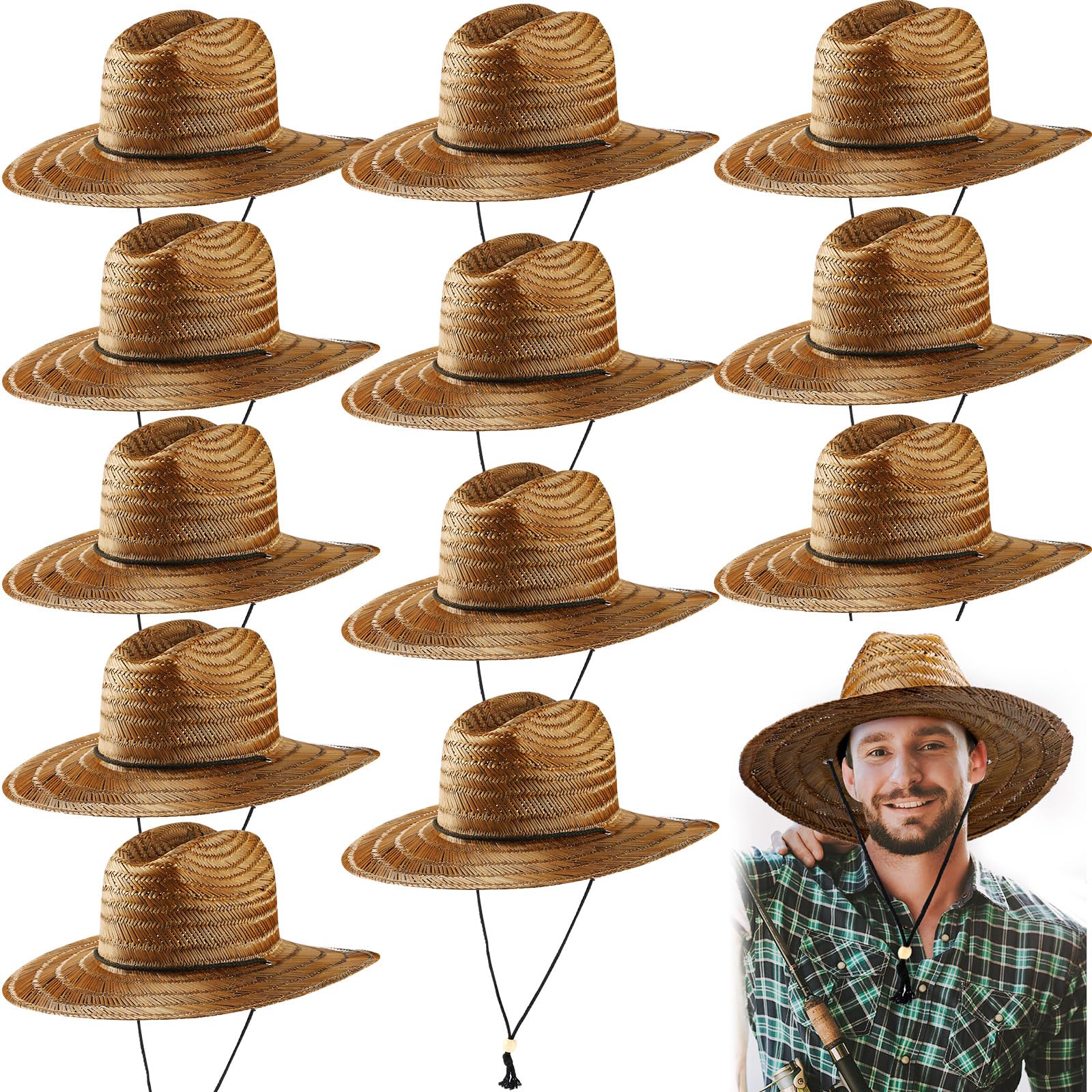 Funtery 12 Pack Straw Hat for Men Summer Large Brim Farmer Beach Sun Protection Straw Hat with Lanyard(Brown)
