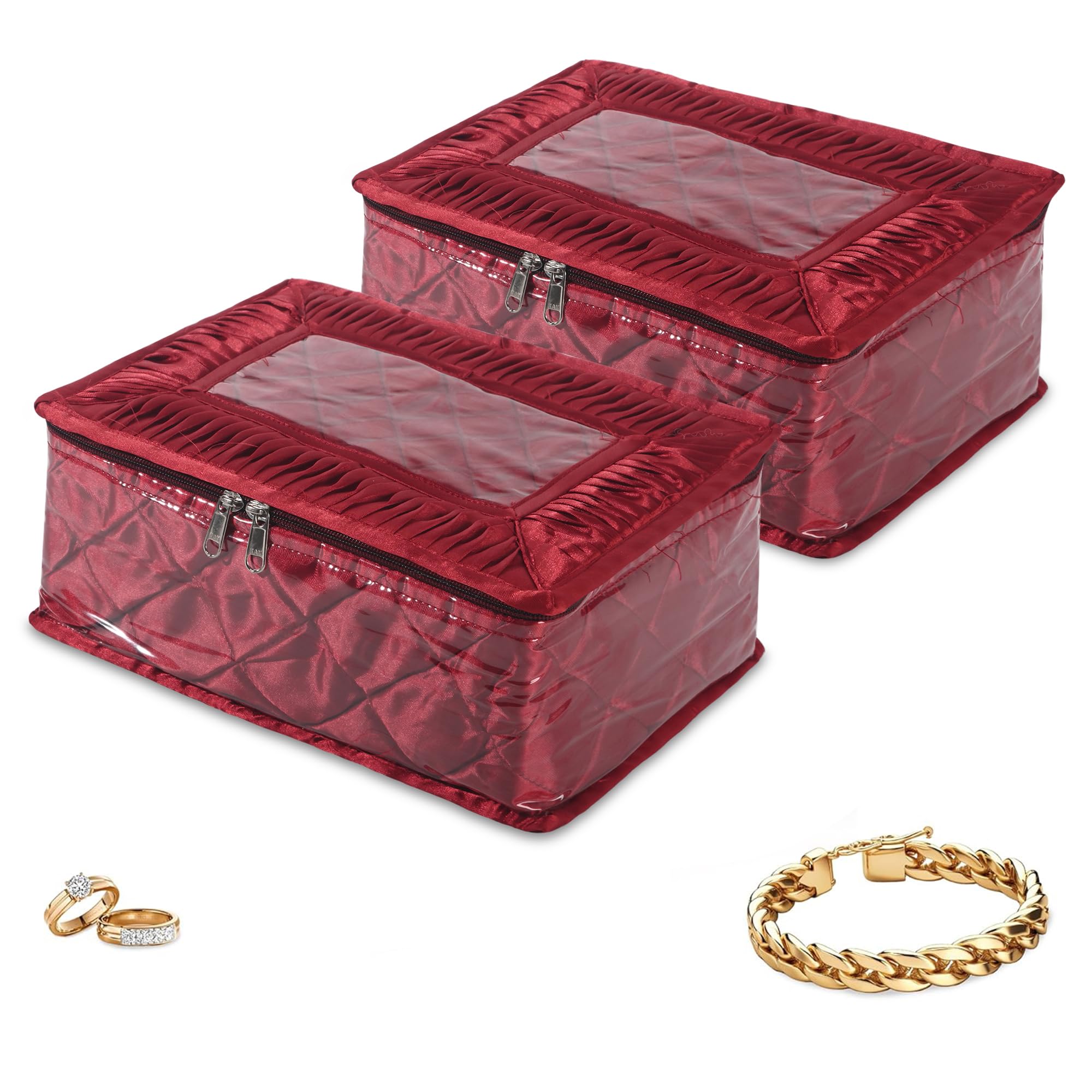 Kuber Industries 2 Pcs Satin Makeup Pouch Bag with 12 Compartments | Multipurpose Jewellery Organisers Pouch for Storage Earrings, Rings and Bracelets | Maroon