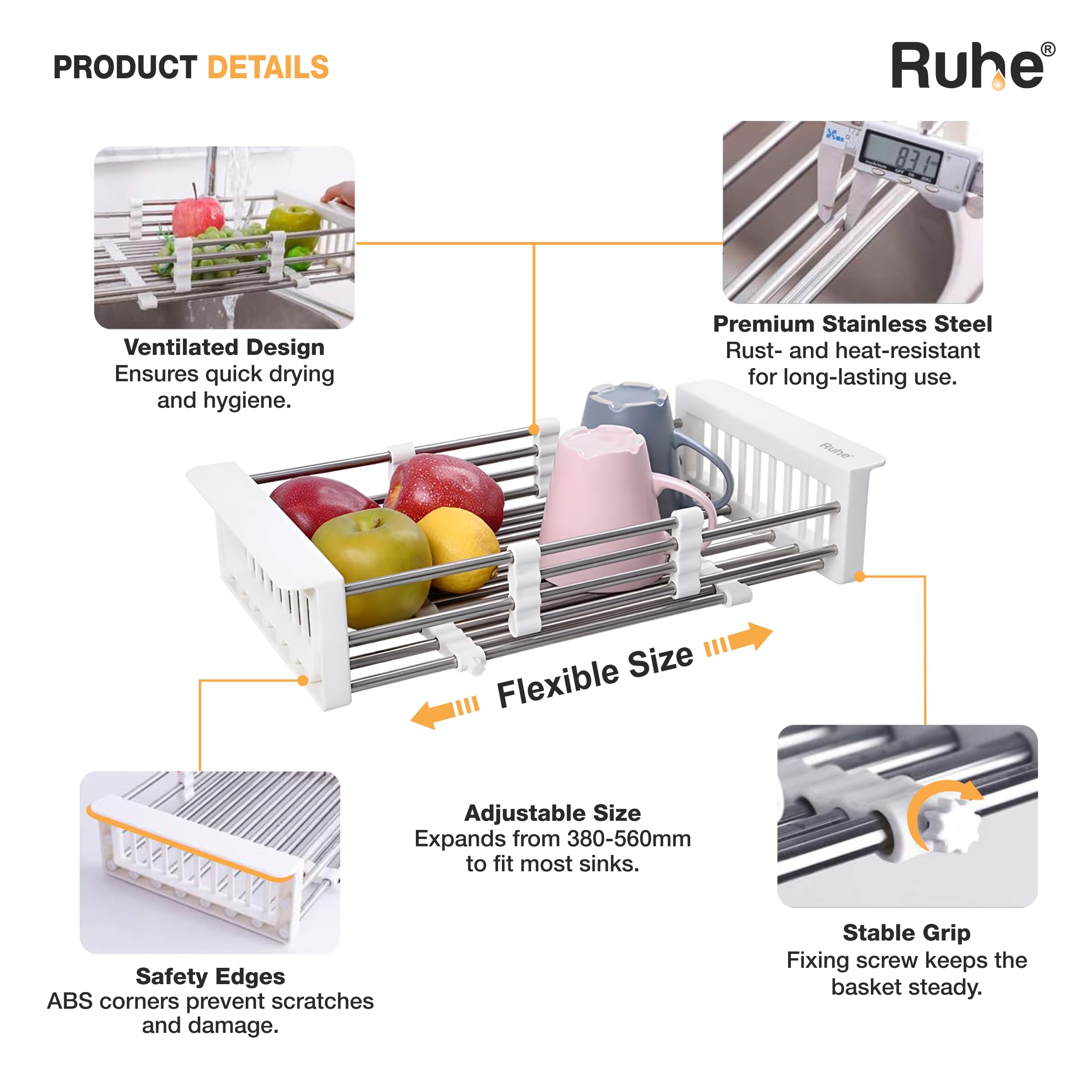 Ruhe® Adjustable Vegetable Drainer Basket | Premium Stainless Steel | Fruits Washing Basket | Adjustable Dish Drainer | Over Sink Strainer | Expandable Up to 50 cm 3