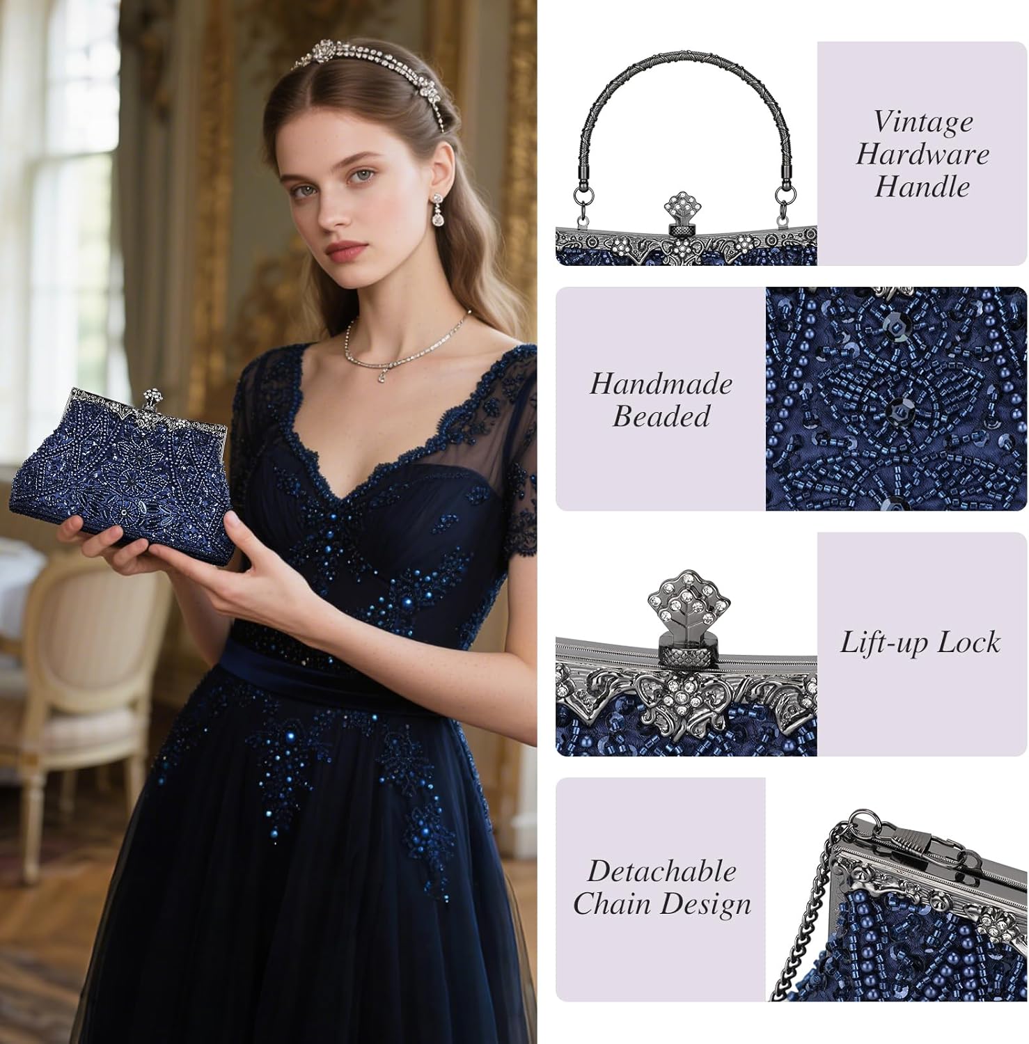 Selighting 1920s Vintage Beaded Clutch Evening Bags for Women Formal Bridal Wedding Clutch Purse Prom Cocktail Party Handbags | 1920s, Vintage, Beaded, Formal, Bridal, Wedding - Image 4