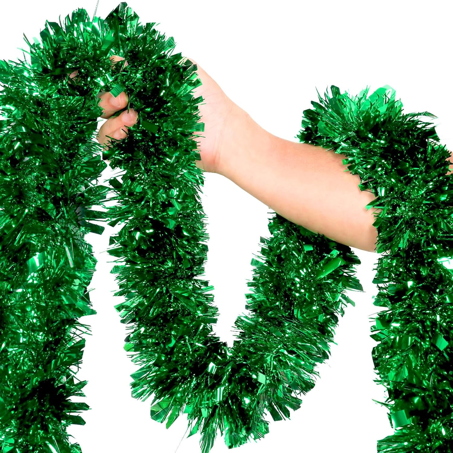 50Ft Green Christmas Garland Decorations,Xams Greenery Tinsel Stems Non-Lit Soft Twist Garland Decor for Tree Stairs Railing Front Door Mantle Fireplace Indoor Outdoor Holiday Home
