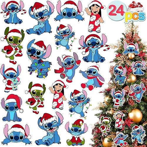 TIMLEEVI Stich - Decoraciones de madera para árbol de Navidad, 24 piezas de adornos para árbol de Navidad, adornos navideños navideños para