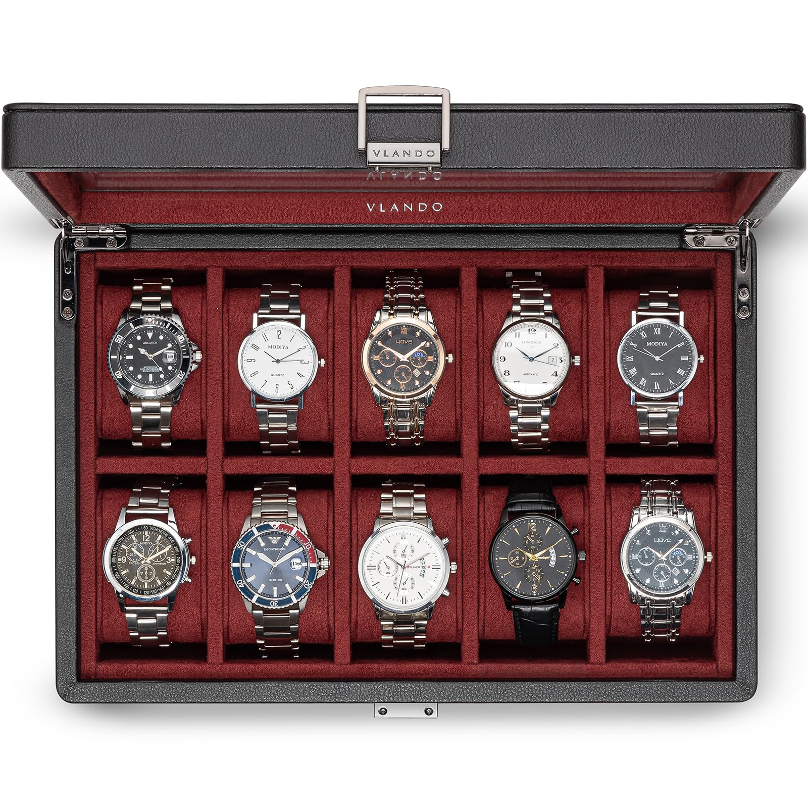 Vlando Caja de reloj de 10 ranuras para hombre, caja de reloj con tapa de cristal grande, bloqueable, cuero texturizado de negocios, almohada suave grande de 52 mm, regalo para padres, marido, amigo,
