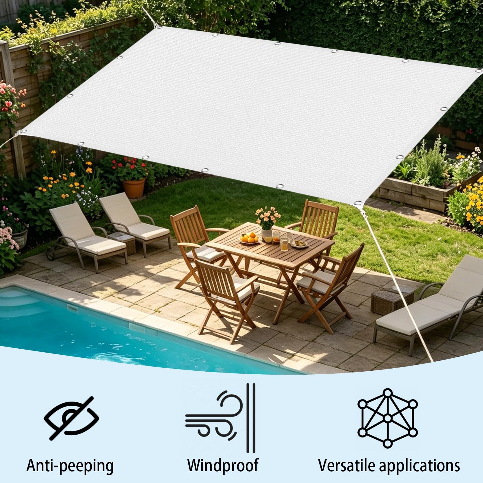 Vela Parasole 4.5 x 6 m in Tessuto Hdpe, Permeabile All'Aria e All'Acqua, Telo Ombreggiante Occhiellato Tenda da Sole Traspirante Rettangolare per Serra Cortile, Bianco